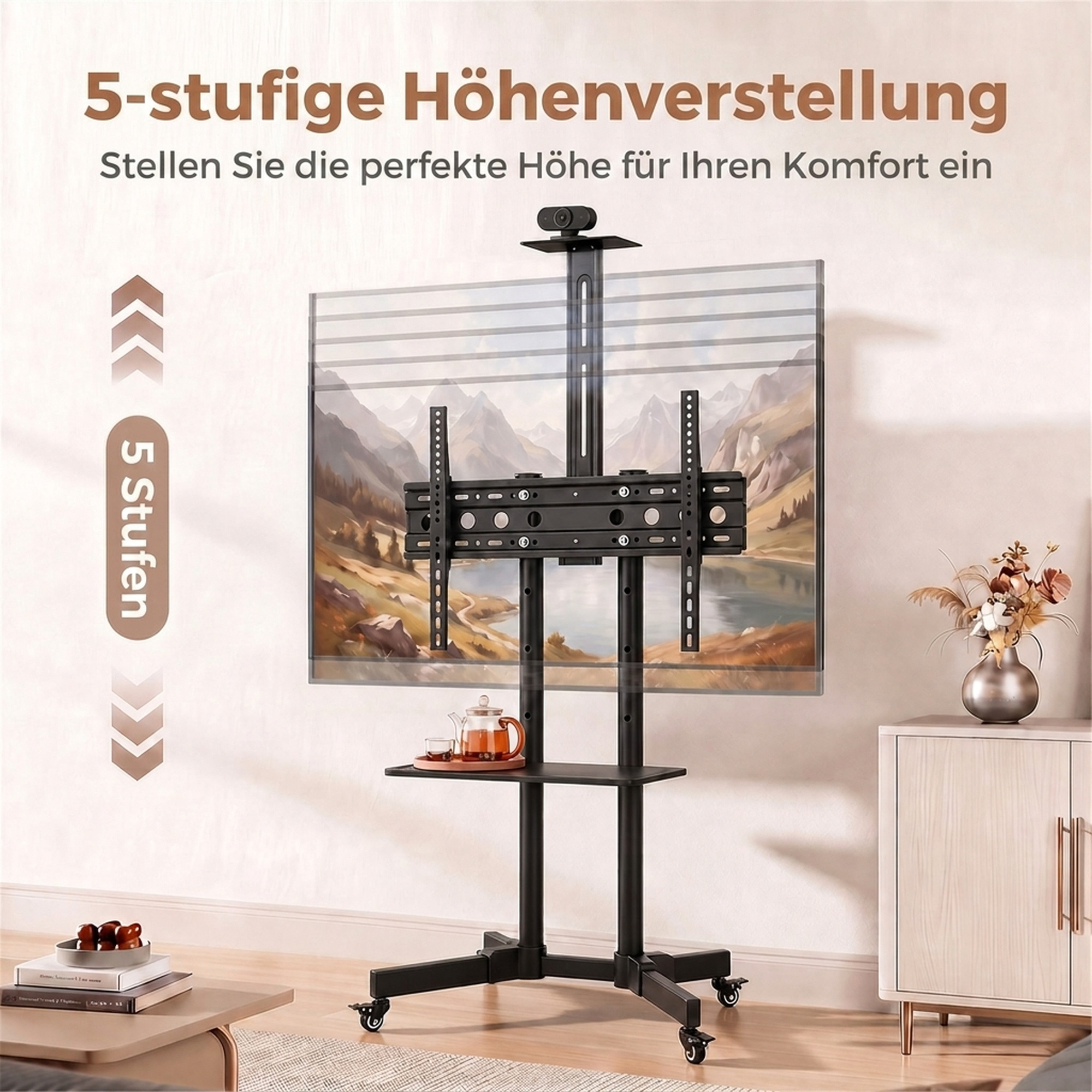 mobiler TV-Ständer auf Rollen für 32-75 Zoll, TV-Rollwagen neigbar, höhenverstellbar, mit Feststellrollen, Schwarz