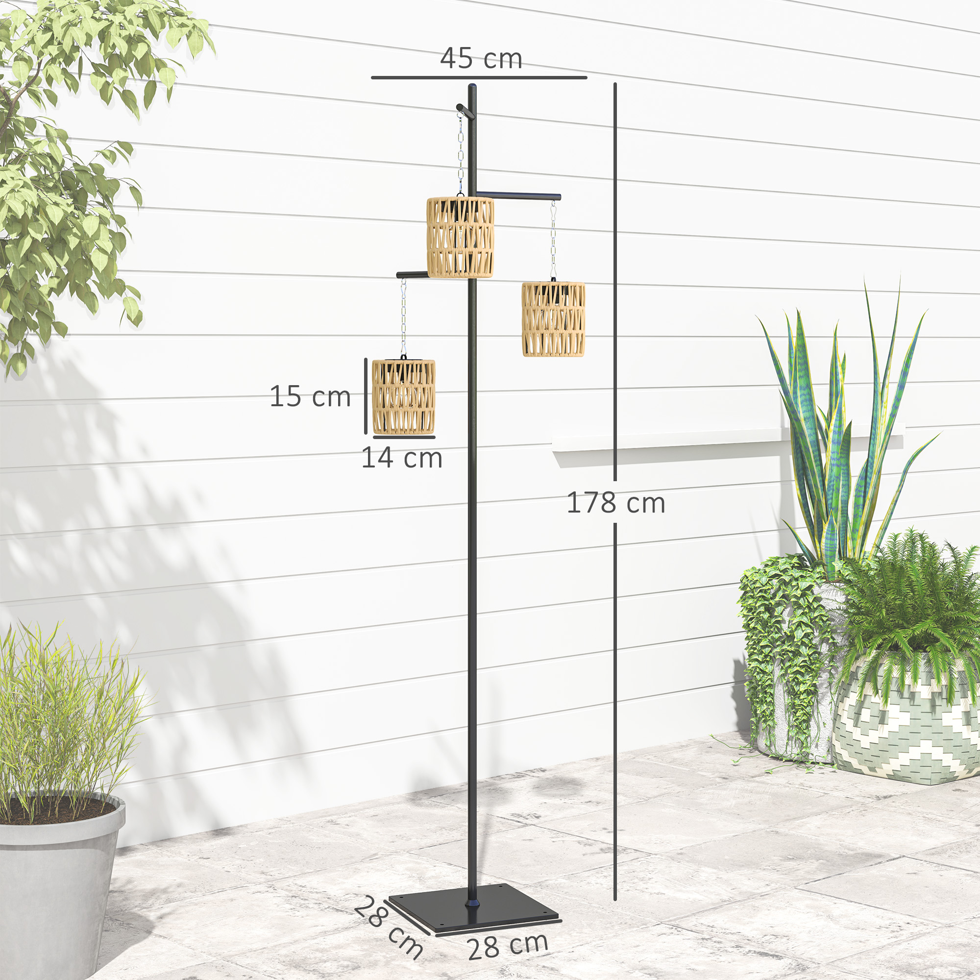 Solar Stehlampe Rattan Solarlampen mit Lichtsensor 3 Lichten Automatisch im Boho-Stil IP44 Spritzwassergeschützt