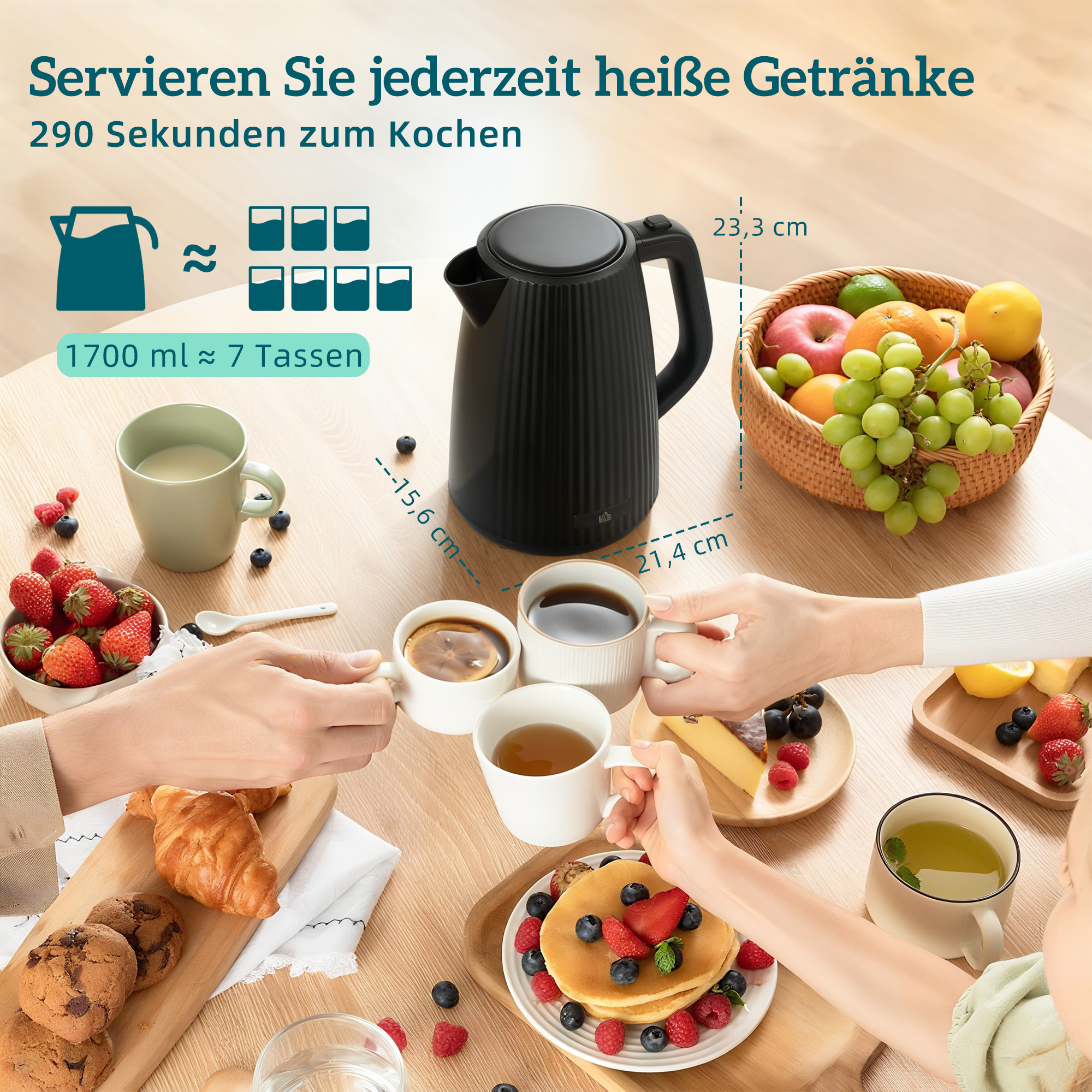 1,7L Schnellkoch-Wasserkocher und 4-Scheiben-Toaster-Set, Eierkocher für 6 Eier mit Kontrollleuchte Schwarz