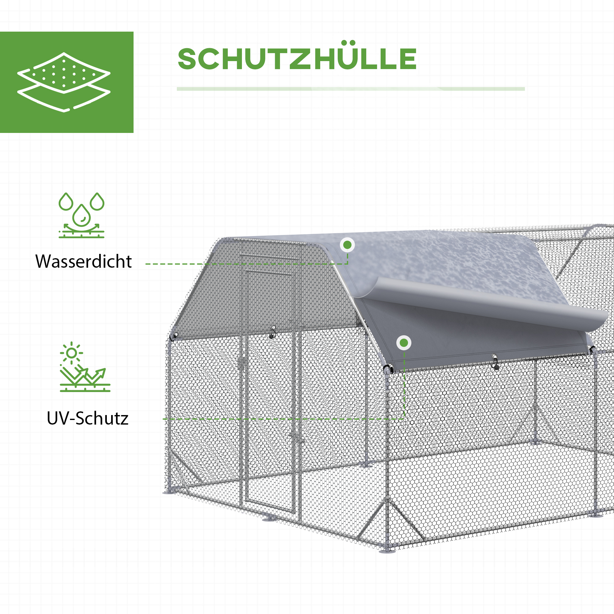 Hühnergehege Hühnerstall Hühnerauslauf, begehbar, verriegelbare Tür, für 10-12 Hühner, 280 cm x 380 cm x 195 cm, Grau