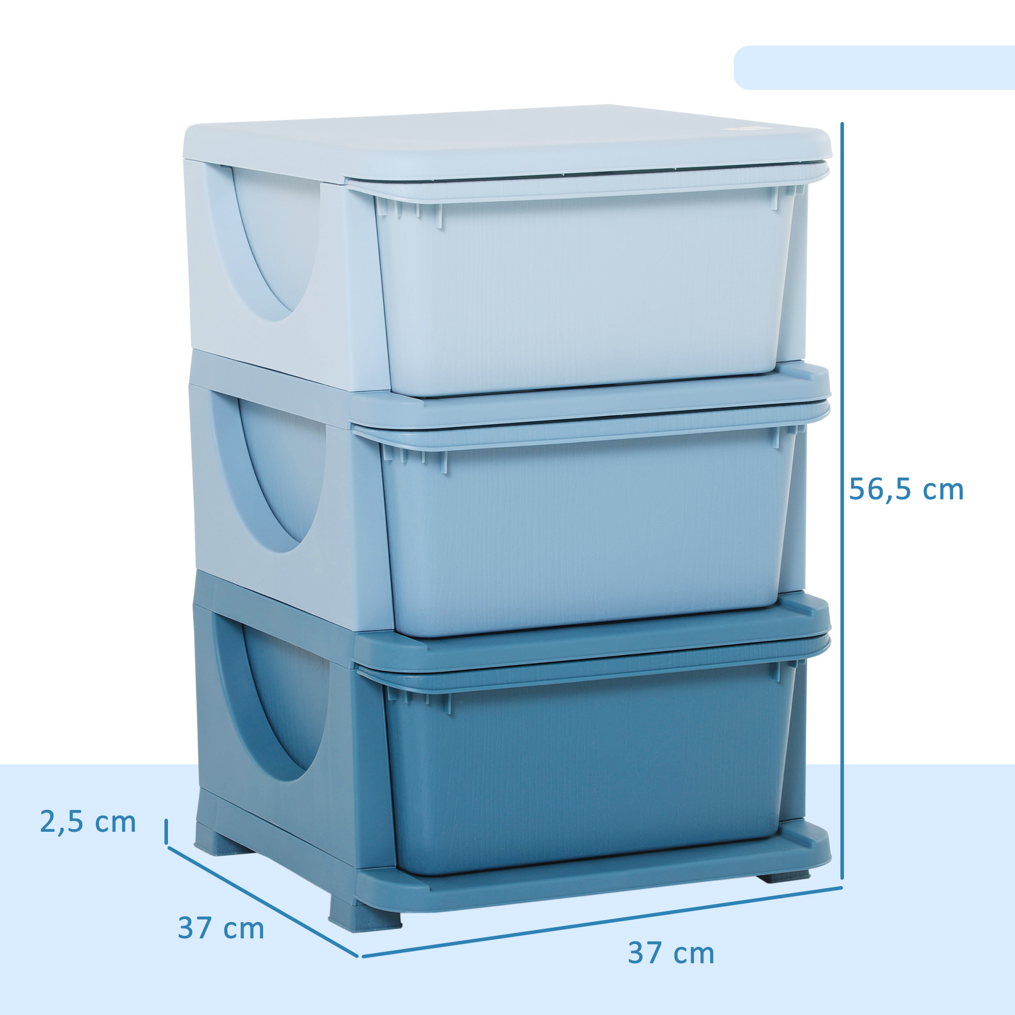 Aufbewahrungsboxen für Kinder, 3 Schubladen, abgerundete Kanten, erhöhtes Design, 37x37x56,5 cm, Blau
