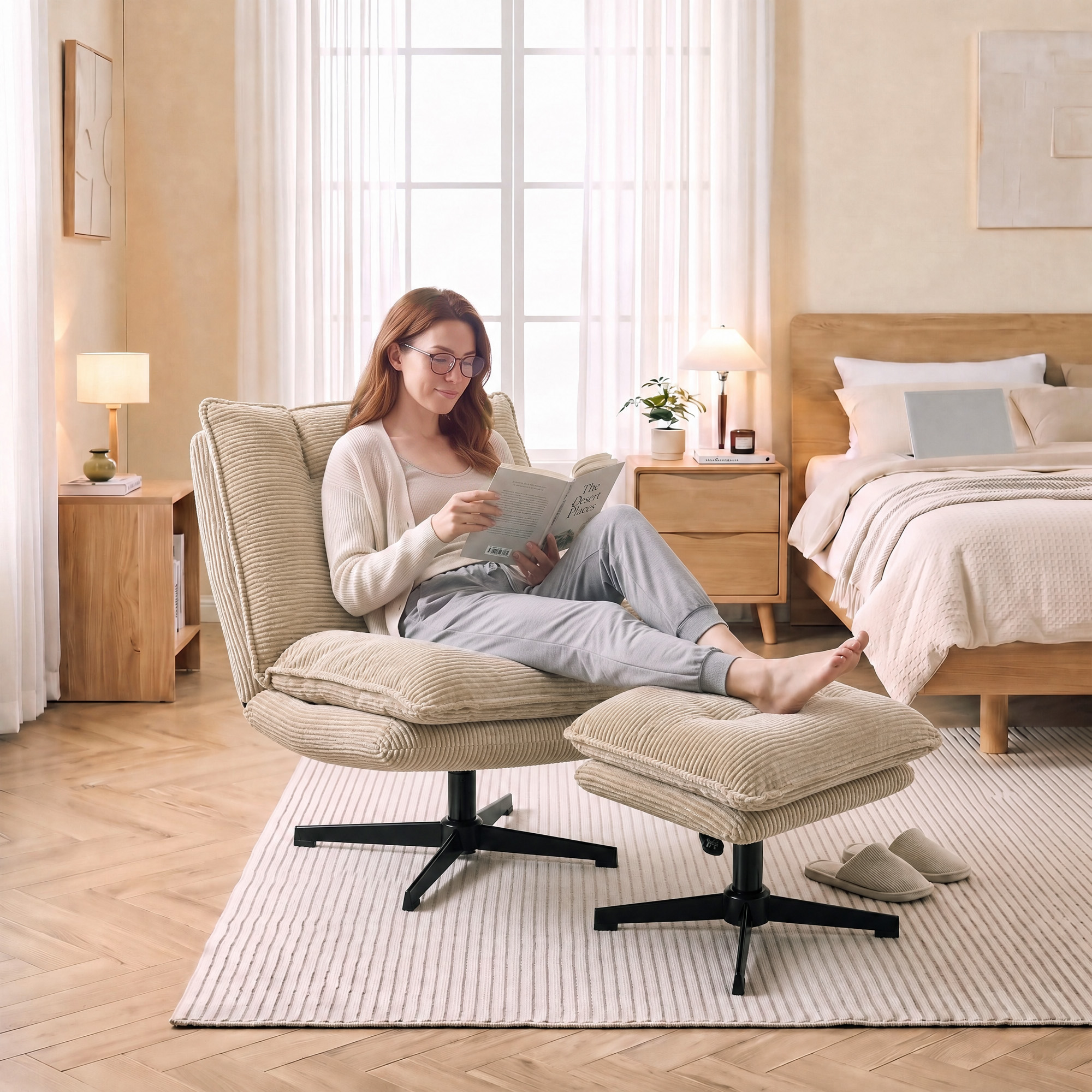 Loungesessel mit Hocker, 360° drehbar, Cordbezug, höhenverstellbare Fußstütze, Beige