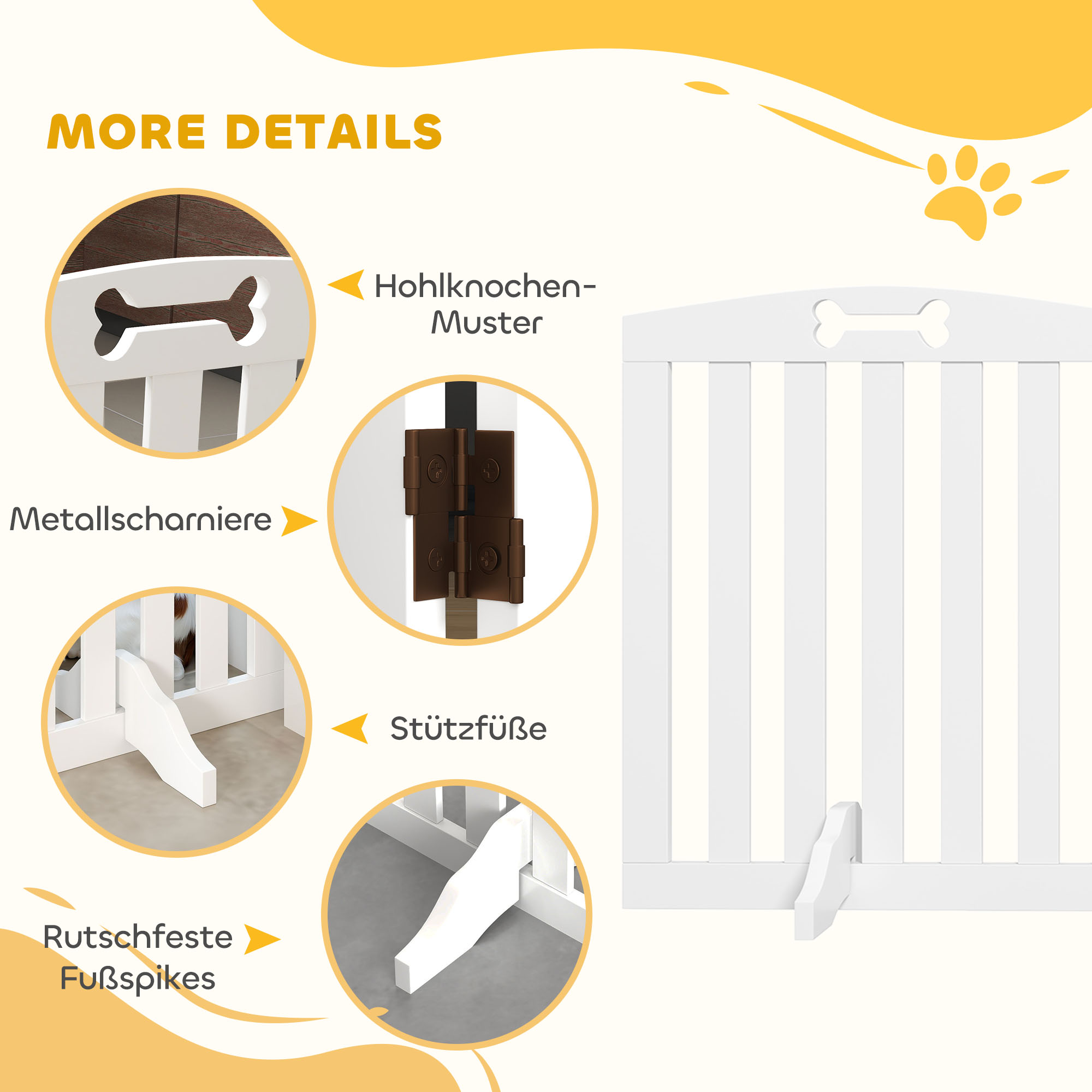 Freistehendes Hundegitter mit Stützfüßen, für Türrahmen, Flur, Treppe, 155 x 30 x 61 cm, Weiß