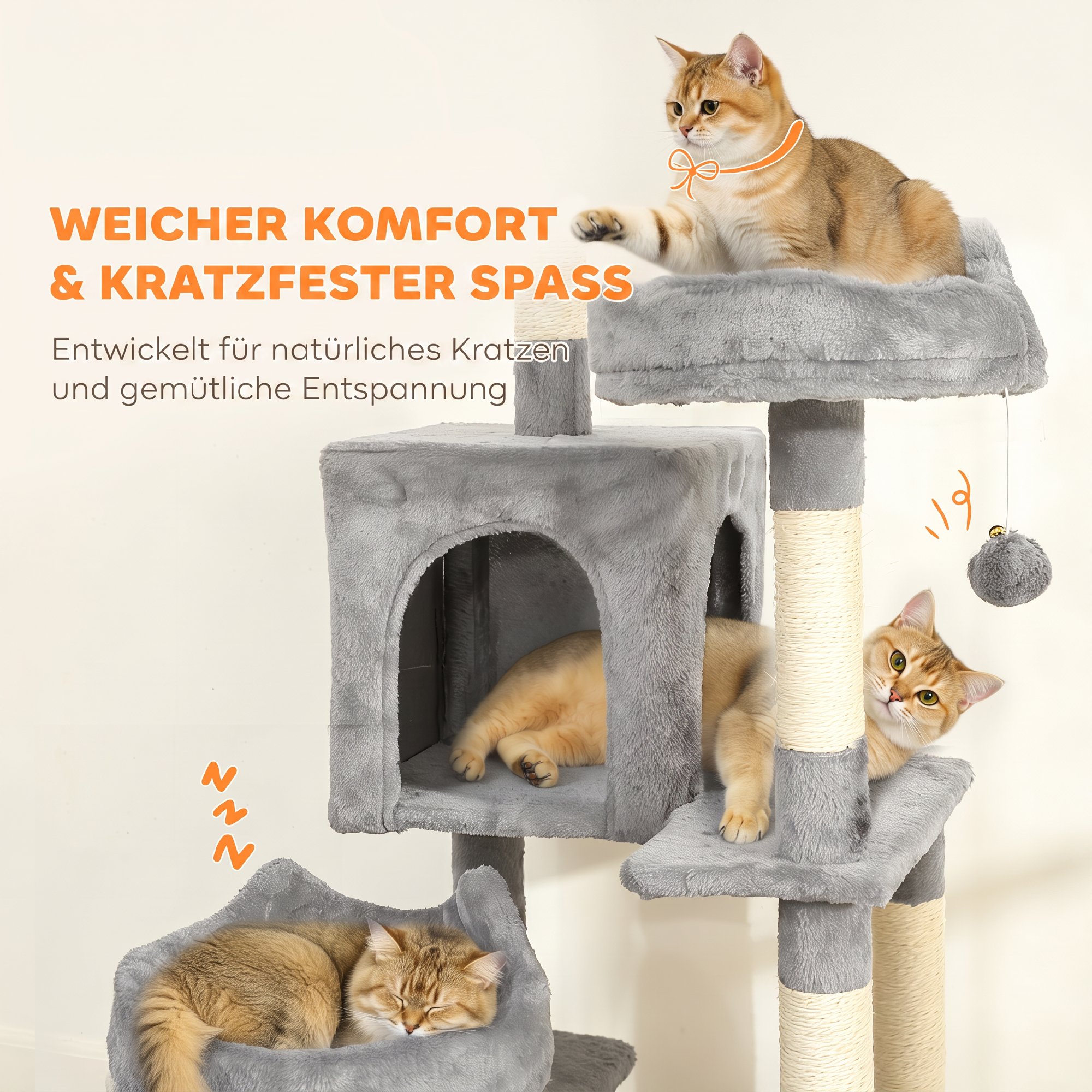 Kratzbaum 192 cm Katzenturm mit Höhle, Sisalstämme, große Plattform, Hängematten Rampe für 2-3 Katzen unter 5 kg