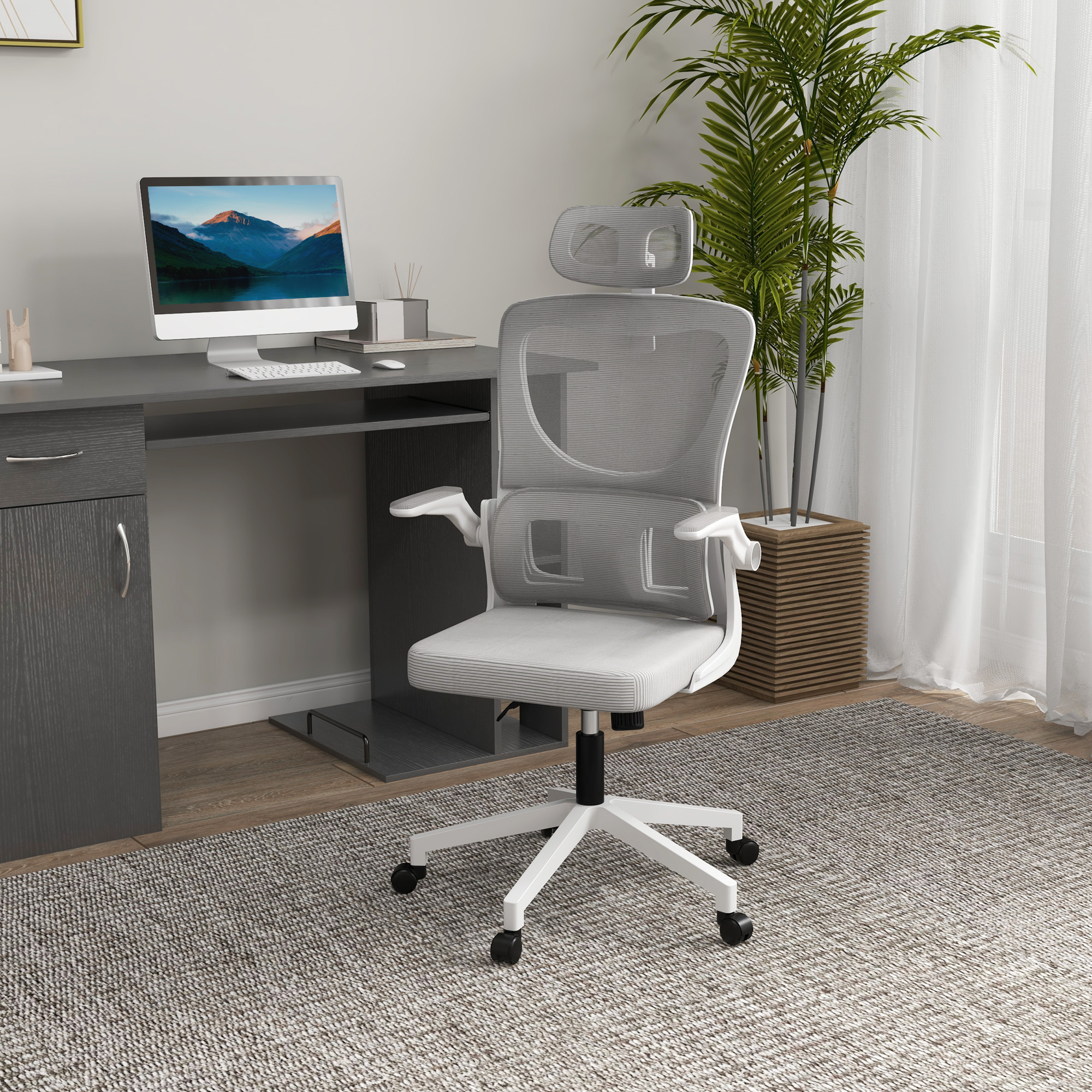 Bürostuhl, höhenverstellbar, verstellbare Kopfstütze, bis 120 kg, 60x59x114-122 cm, Grau