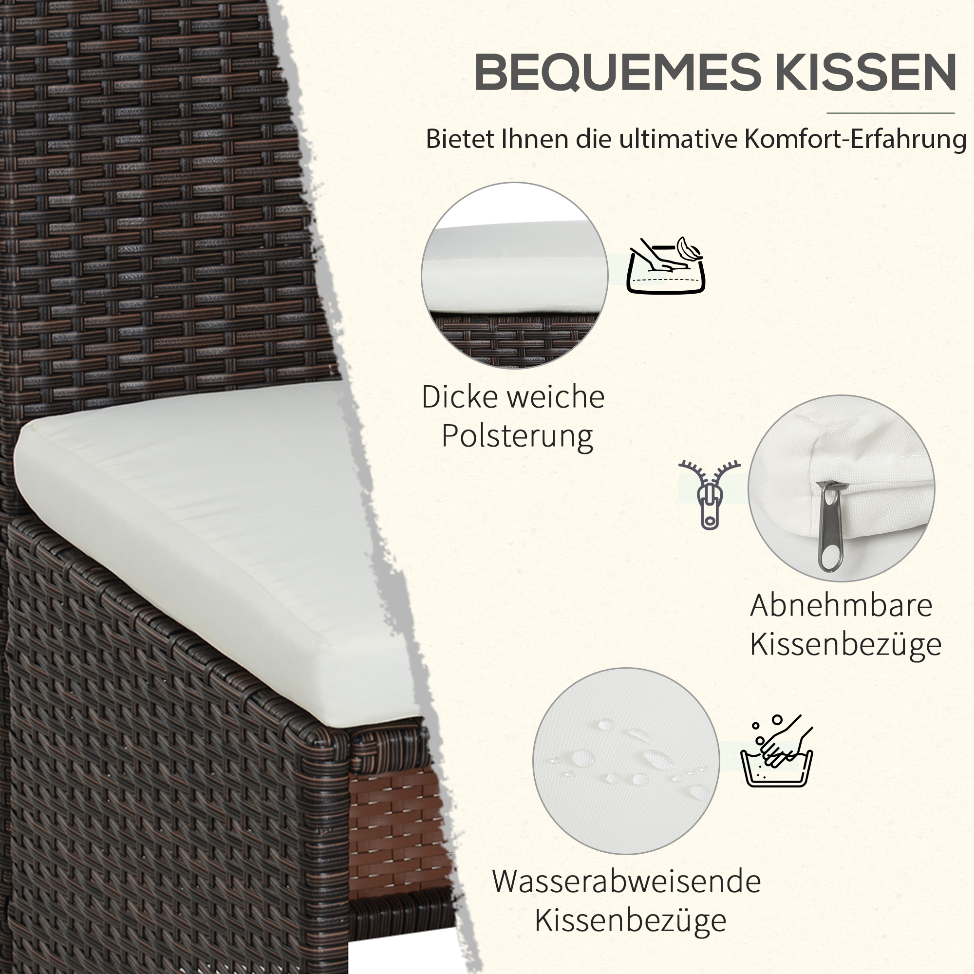 5-teiliges Polyrattan Gartenmöbel-Set, wetterfest Balkonmöbel für 4 Personen Terrassenmöbel mit Tisch 4 Stühle Kissen, Lounge-Set Essgruppe Sitzgruppe für Balkon, Garten, Braun+Khaki