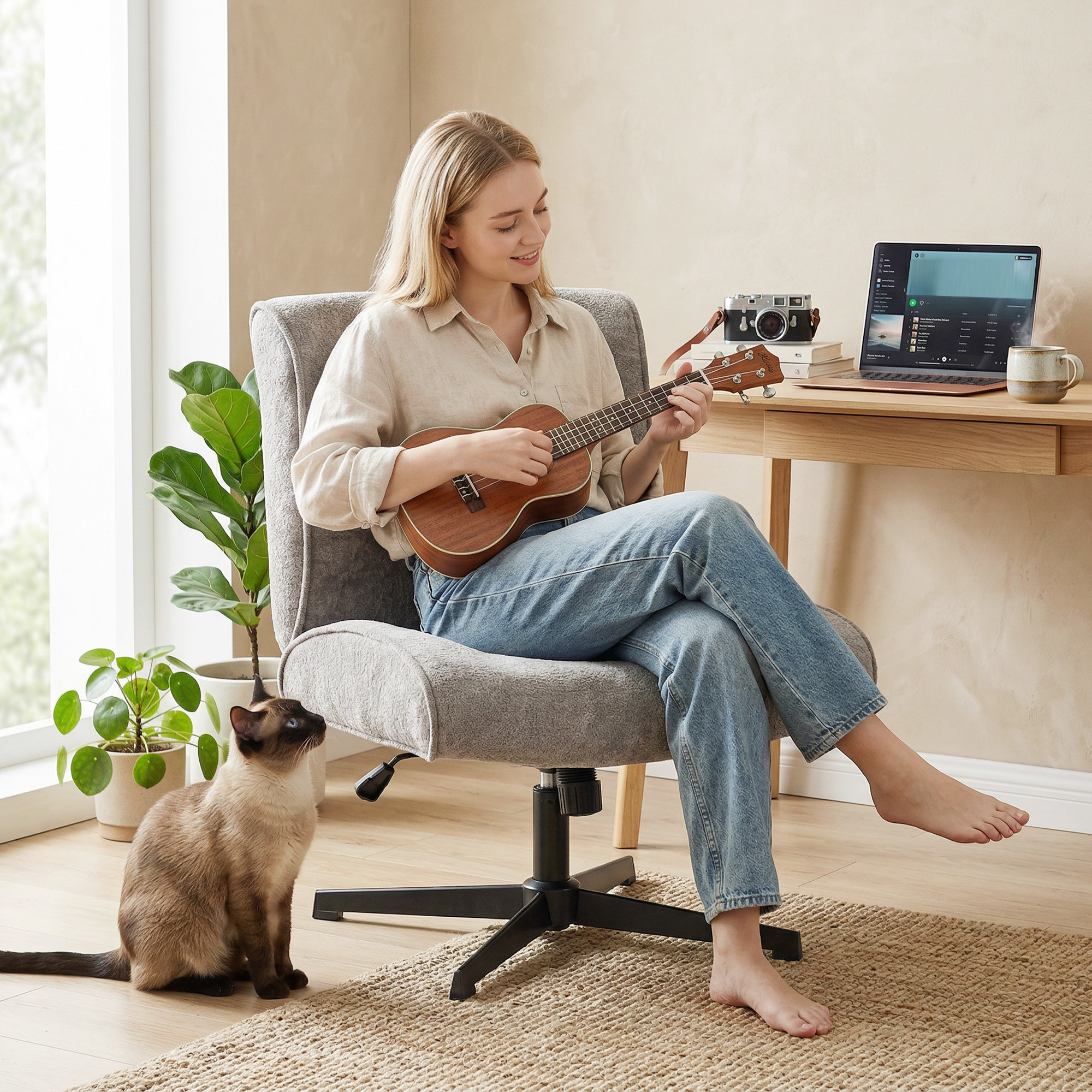 Drehbarer Akzentstuhl, Samtgepolsterter Lounge-Sessel mit Höhenverstellung für Wohnzimmer, Büro, Grau