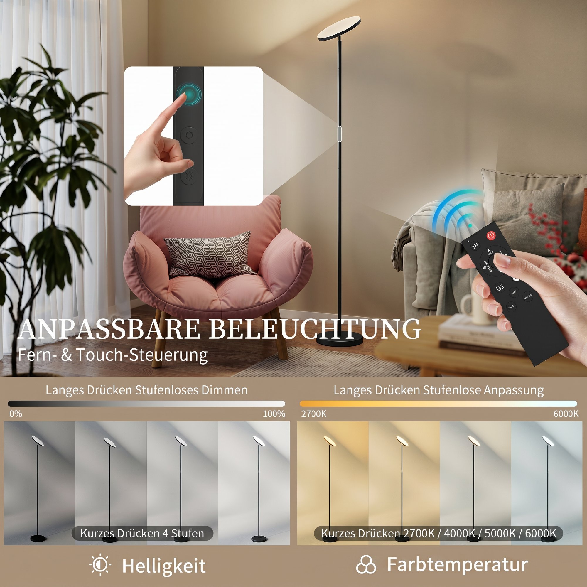 RGB Uplighter Stehlampe, dimmbare Lampe mit Fernbedienung & Touch-Steuerung, 350° drehbarer Kopf, Schwarz