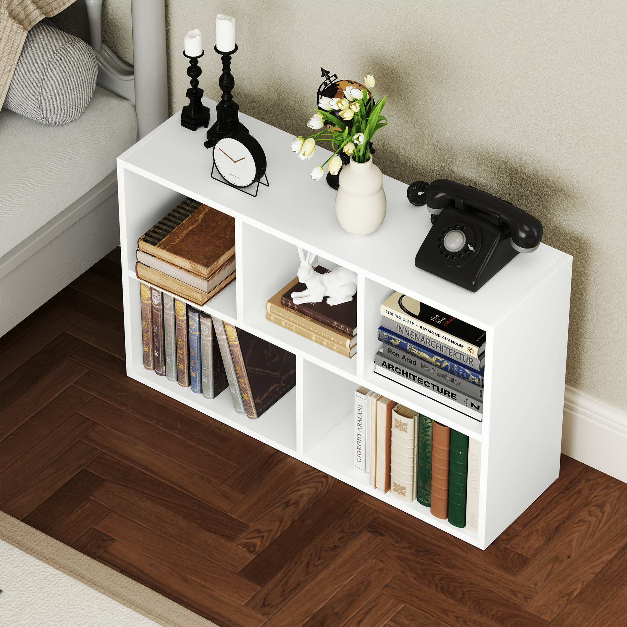 2-Ebenen-Bücherregal, 5 Fächer, Spanplatte, Aufbewahrungsregal, Weiß