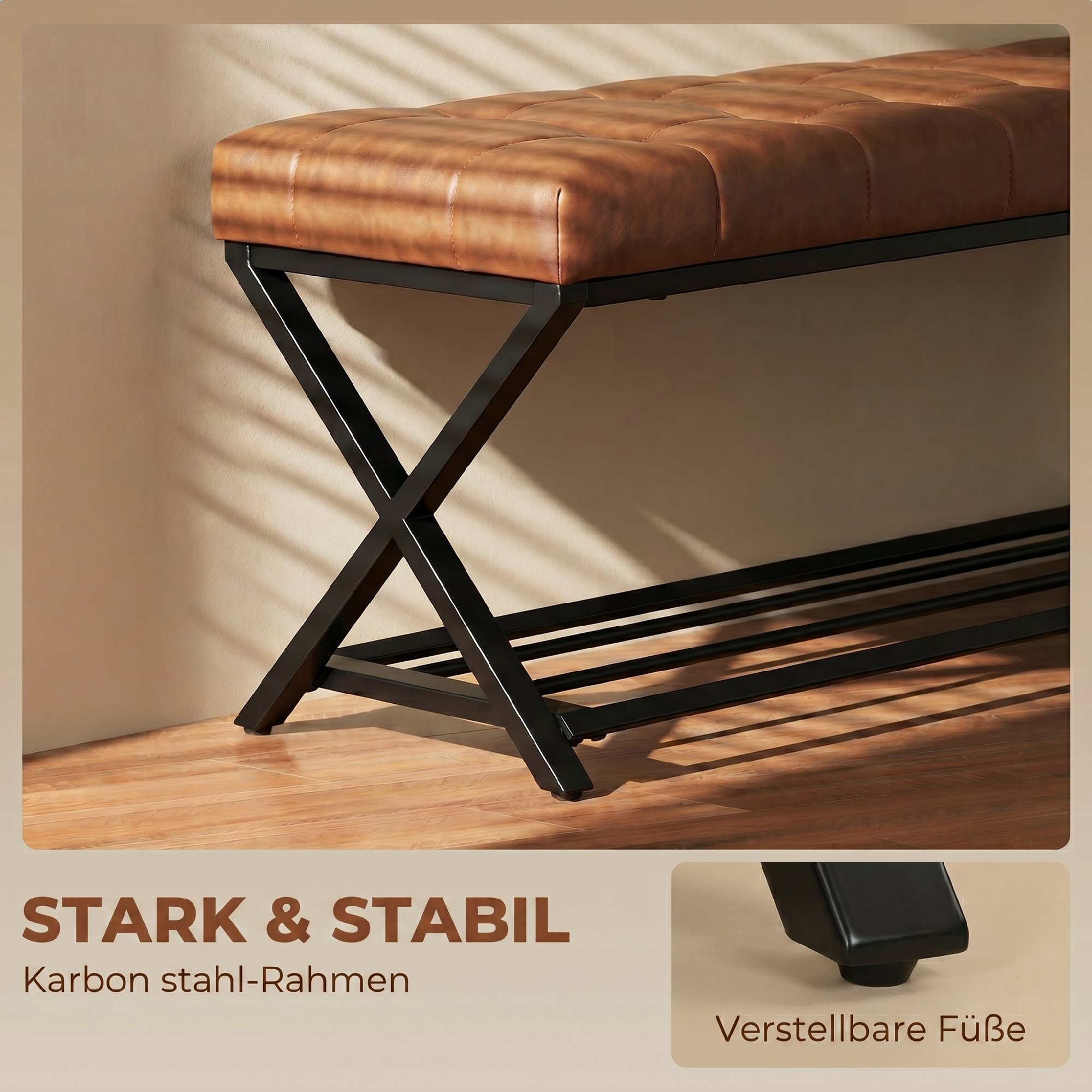 Schuhbank, Eingangsbank mit Kunstlederpolster, Ablage bis 220 kg für Flur, Eingangsbereich, 112 x 37 x 47 cm, Braun