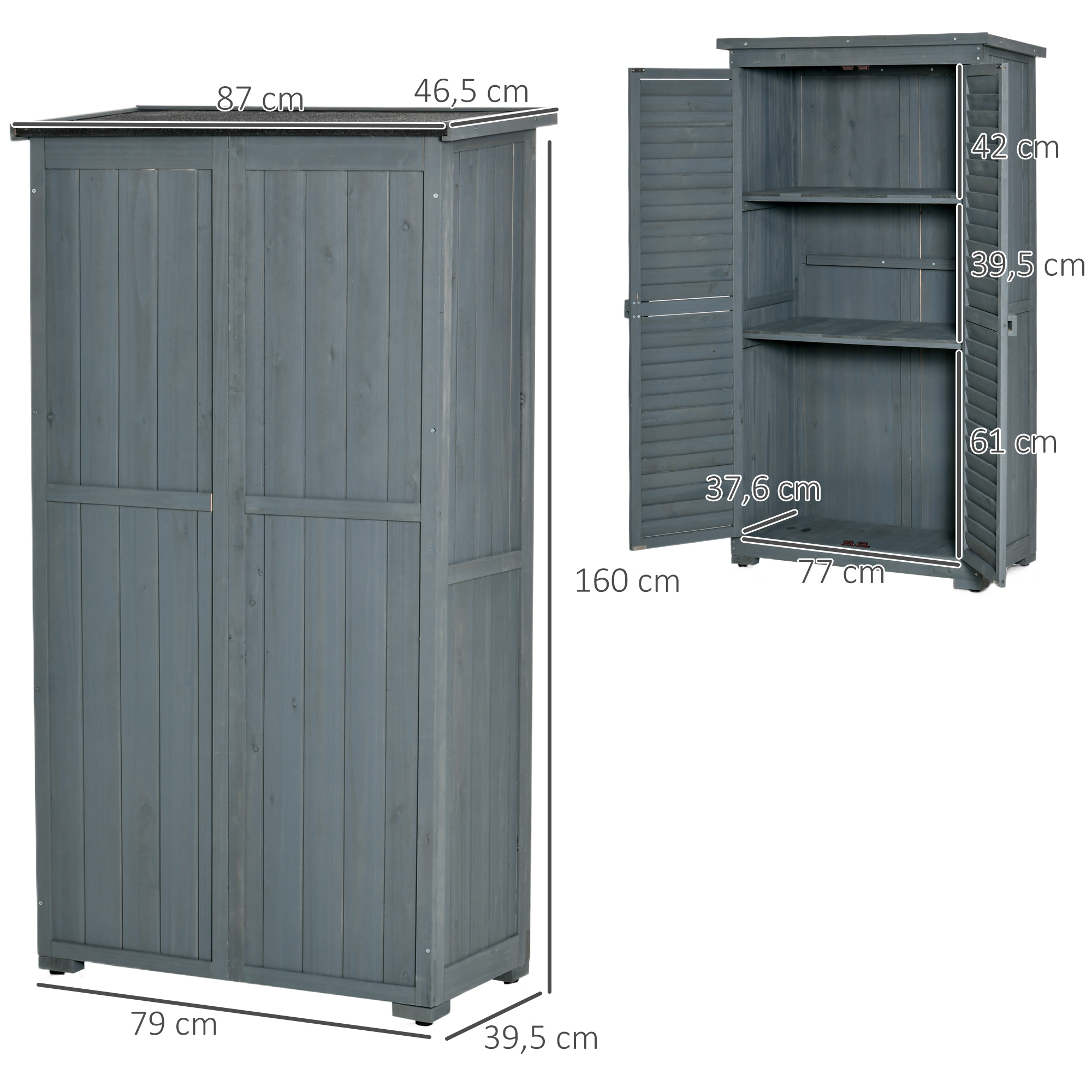 Gartenschrank Holz Gerätehaus Geräteschuppen Geräteschrank Holzhütte Pultdach Bitumenpappe Lamellentüren Grau 87 x 46,5 x 160 cm