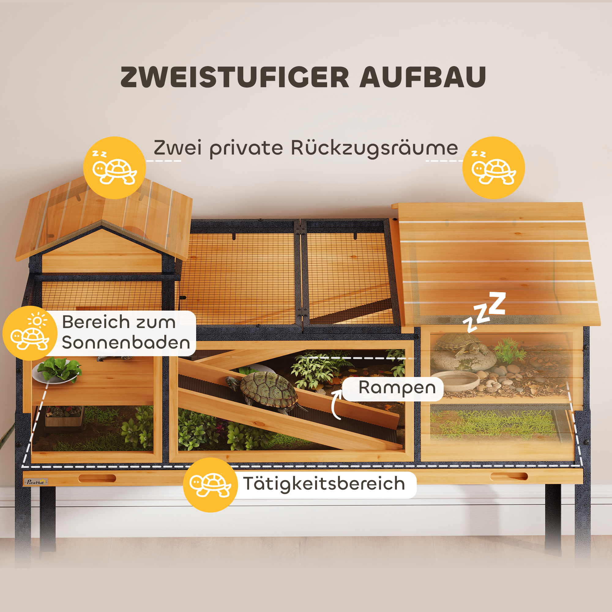 Schildkrötenhaus, Kleintiergehege, 2 Räume, 2 Stockwerke, Fenster, Rampen, Zubehör, Holz, Stahl, Gelb