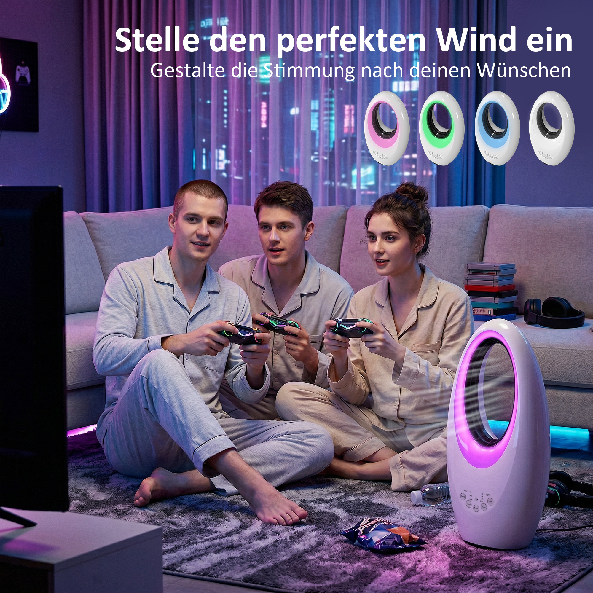 Bladeless Turmventilator, 36dB leiser Ventilator mit 60° Oszillation, LED-Beleuchtung, 3 Geschwindigkeiten, 7,5-Stunden-Timer, Fernbedienung