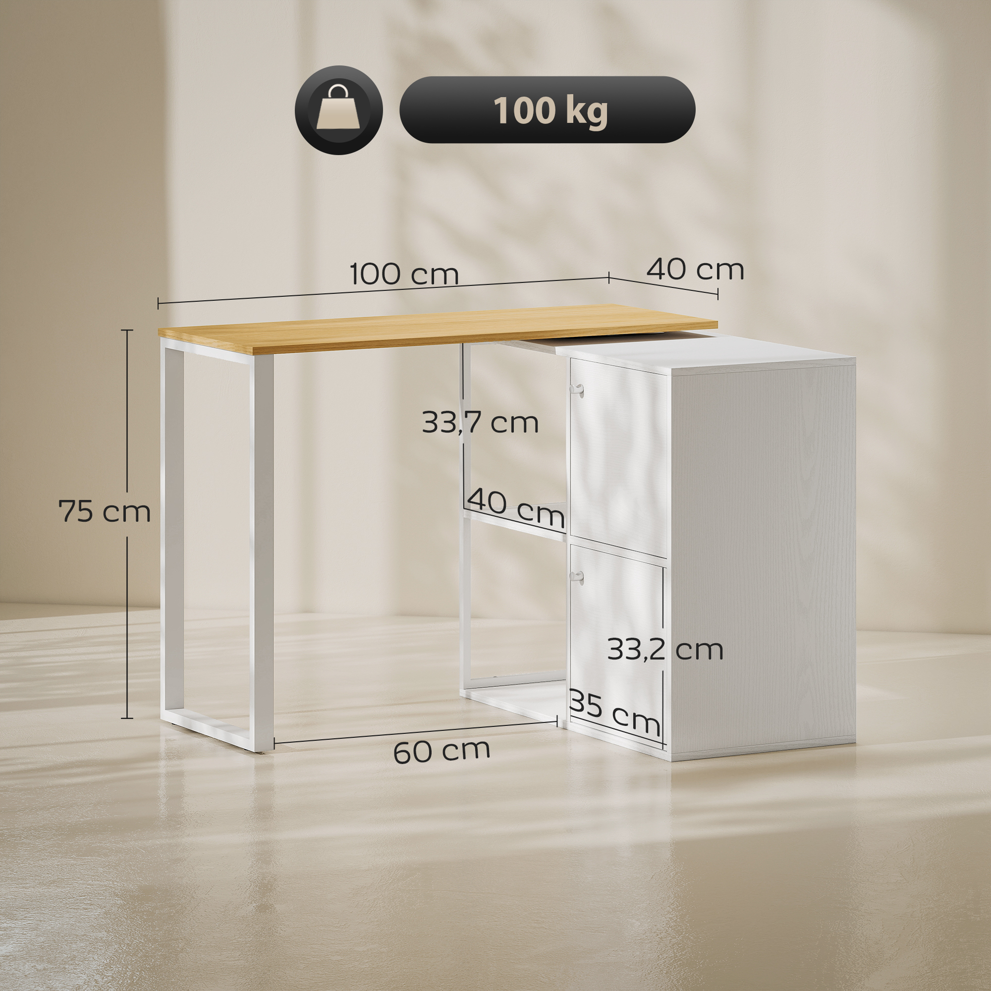 Schreibtisch L-förmig, 360° drehbarer Eckschreibtisch mit 2 Lagerschränken, 2 offenen Regalen, Computertisch für kleine Räume, Arbeitszimmer, Wohnzimmer, 150x40x75 cm, Weiß