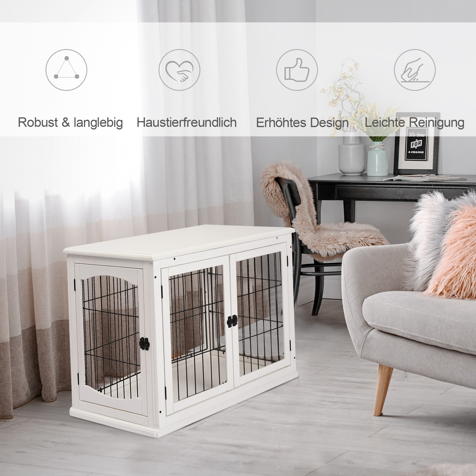 Transportbox für Hunde 58,5 cm x 81 cm x 66 cm Türen, MDF-Holz Eisen, 58, 5 cm x 81 cm x 66 cm, Weiß