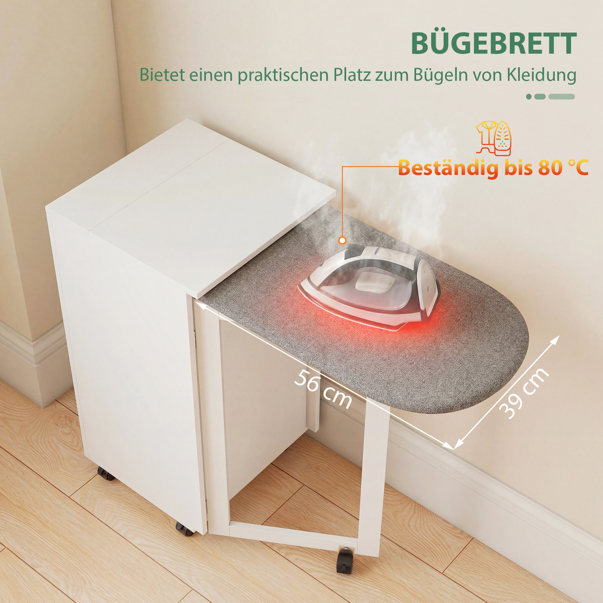 2-in-1 faltbarer Bügelbrettschrank auf Rollen mit Bügelbrett und verstellbarem Regal für kleine Räume, Weiß