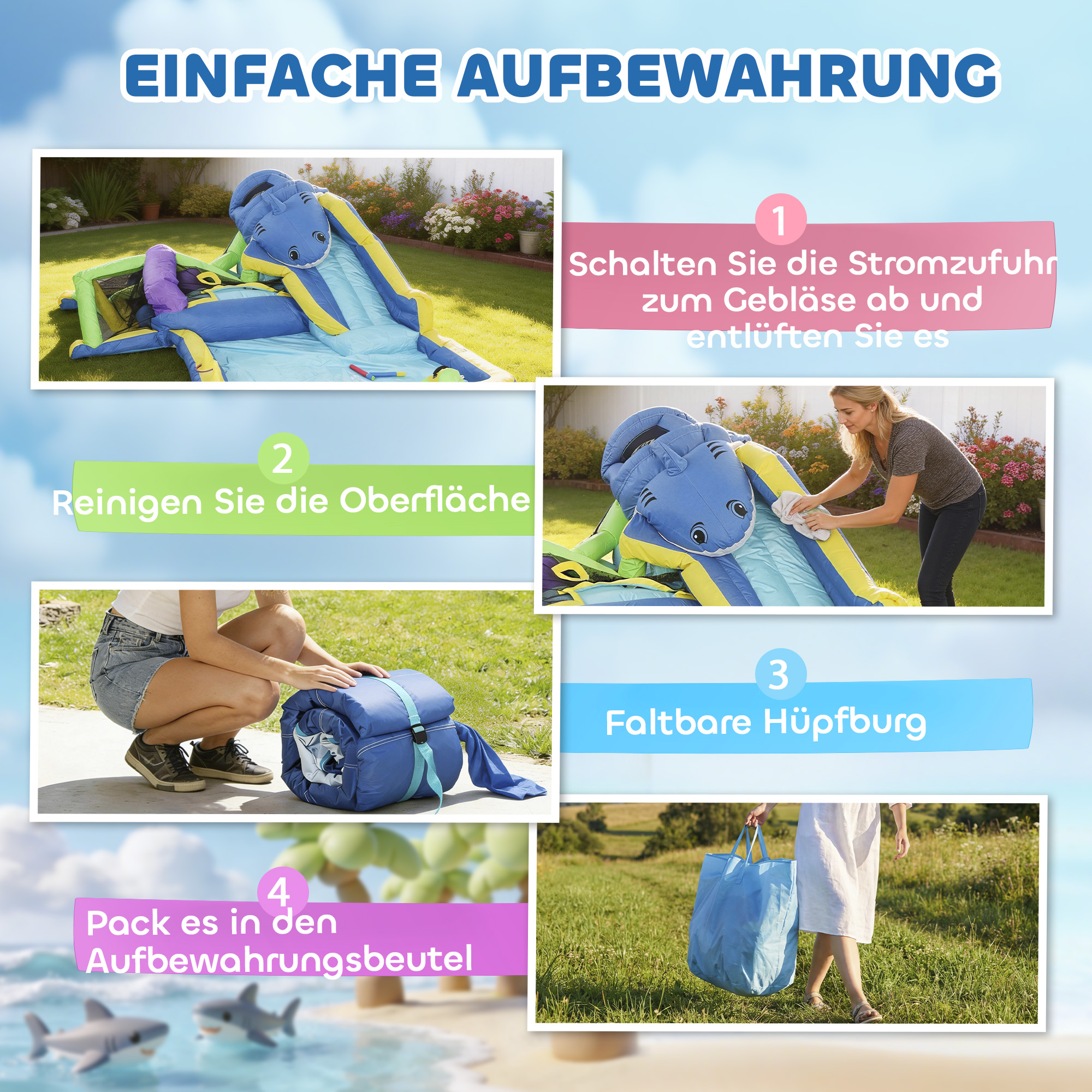 8-in-1 aufblasbar Hüpfburg mit Hai-Design Gebläse Rutsche Planschbecken Trampolin für 3-8 Jahre 405x345x235cm Mehrfarbig