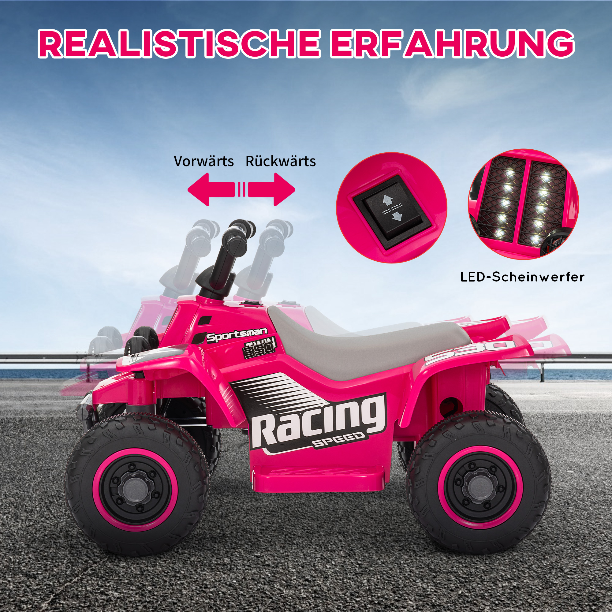 Quad Bike für Kinder, batteriebetrieben, fährt vorwärts und rückwärts, LED-Lichter, 18-36 Monate, Rosa