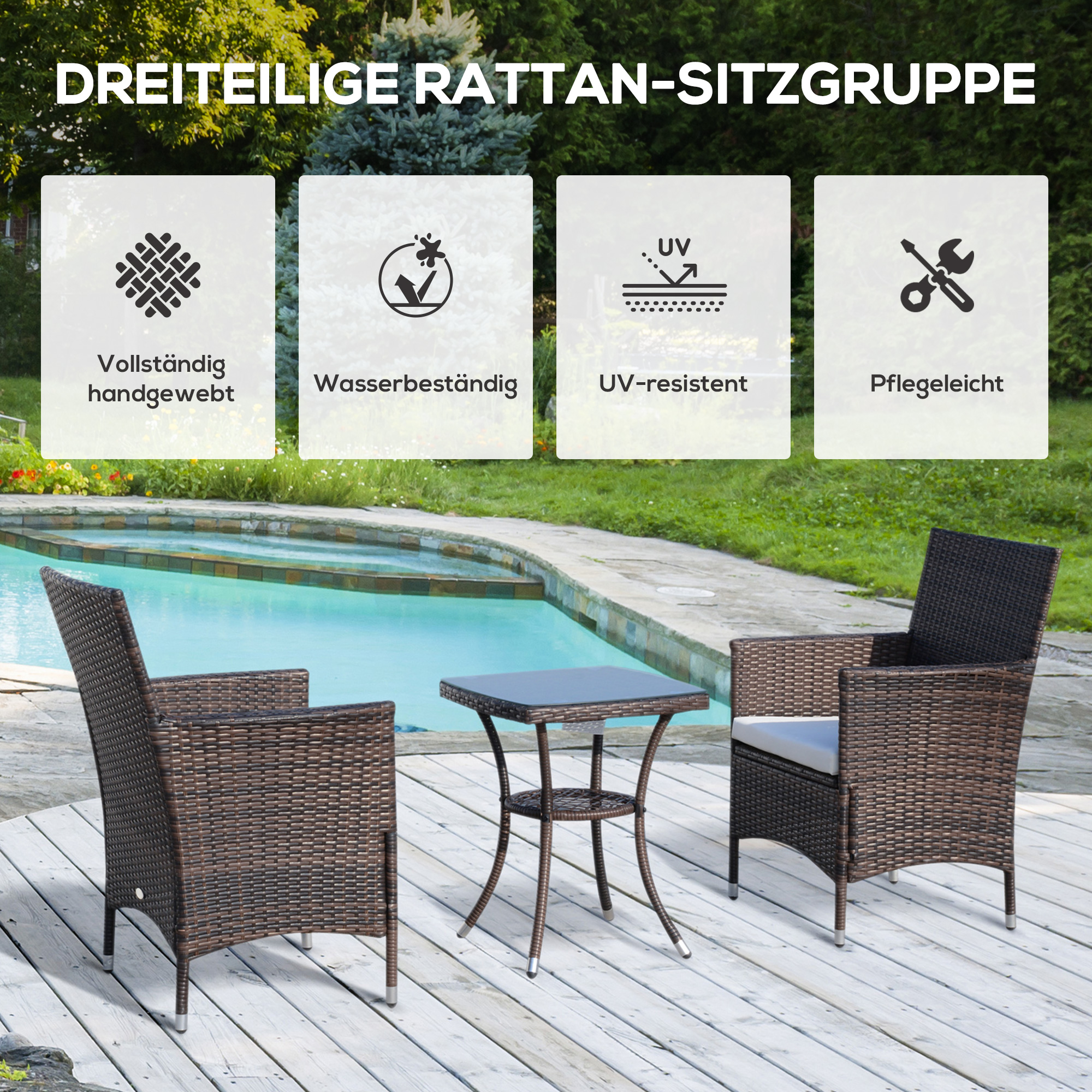 Polyrattan Gartenmöbel Set, Outdoor Lounge Balkonmöbel für 2 Personen, 3-teilig Sitzgruppe, 2 Stühle, Tisch Sitzkissen, Gartenlounge für Garten, Terrasse, Balkon, Braun