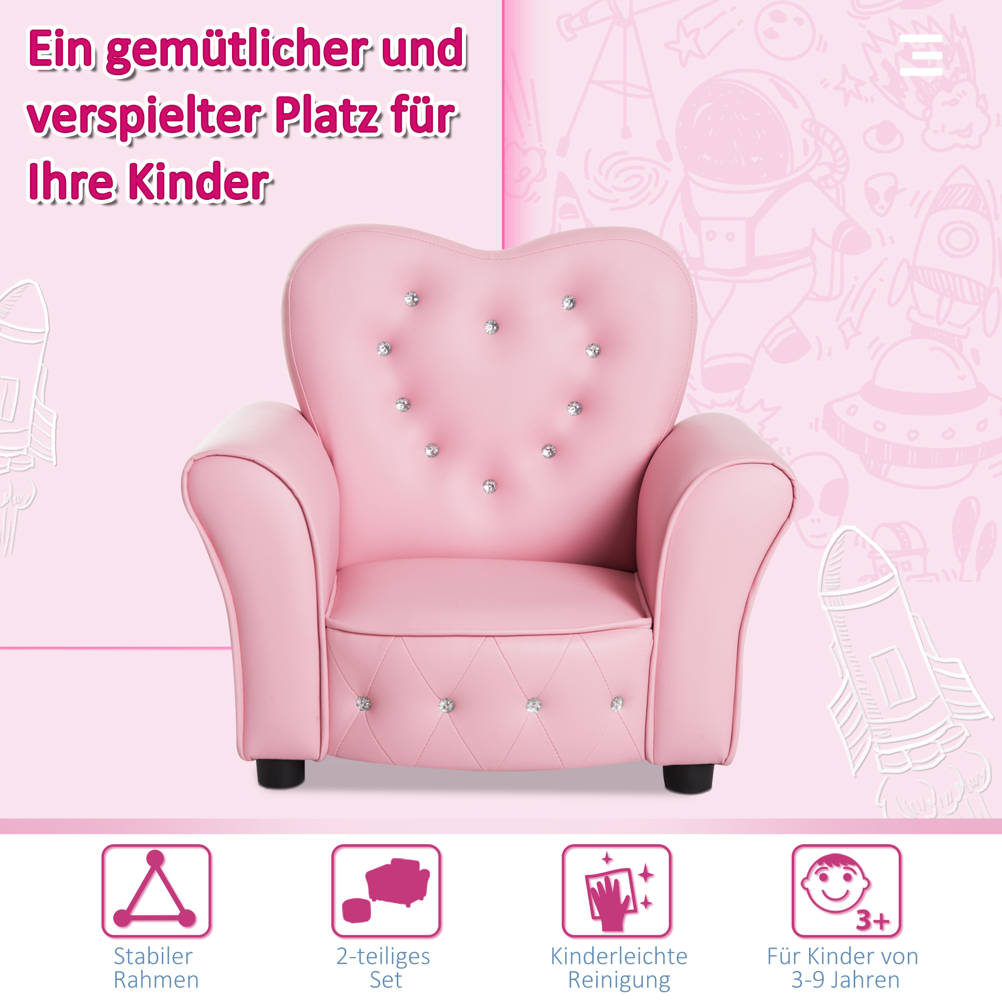 Kindersofa Kindersessel Prinzessin Minisofa Kinderzimmer Sofa herzförmig Rosa L59 x B41,5 x H49 cm