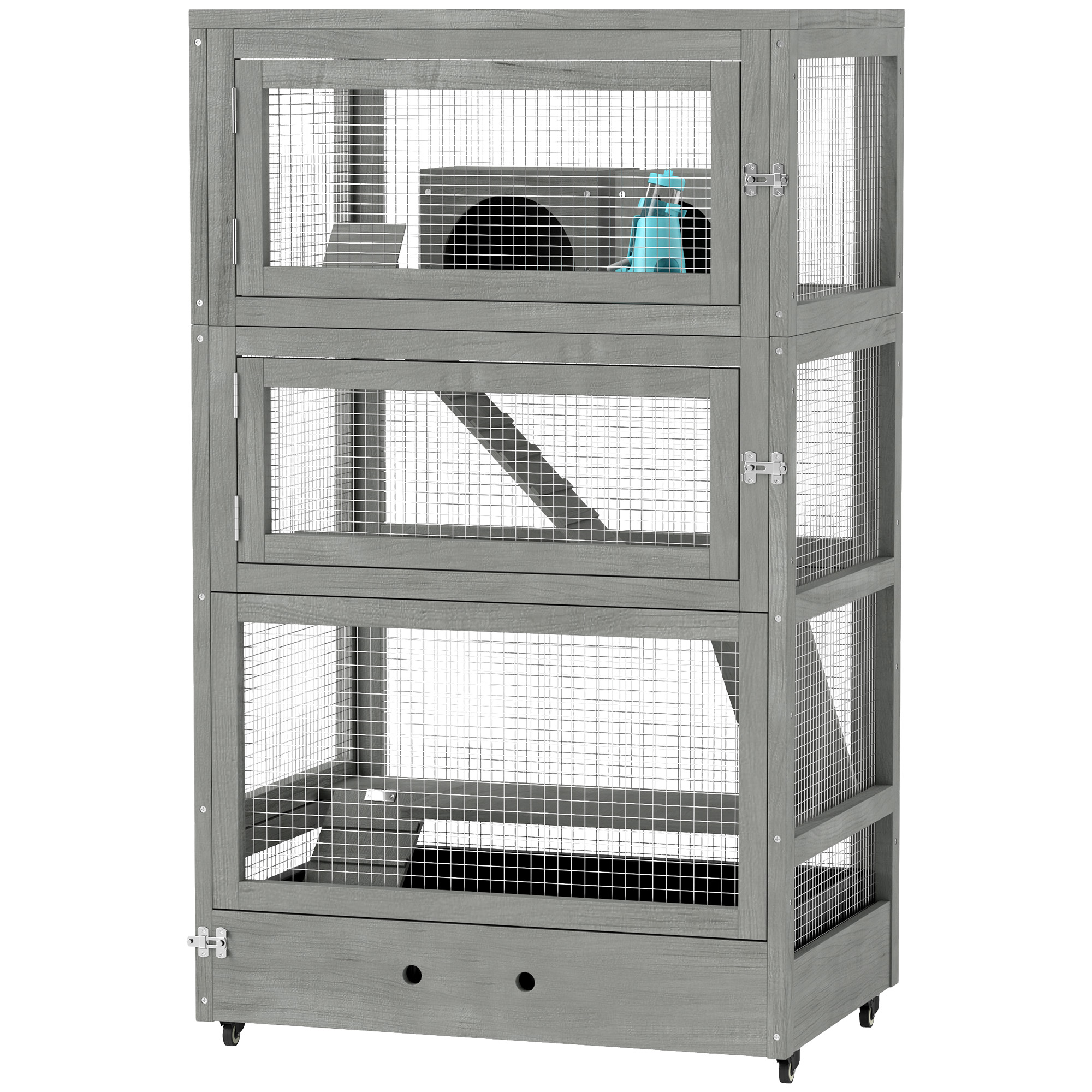 4-stufiger Hamsterkäfig aus Holz, mit Hütten, Wippe, Futterschalen, Rampen, Rollen, 65 x 45 x 109 cm, Grau