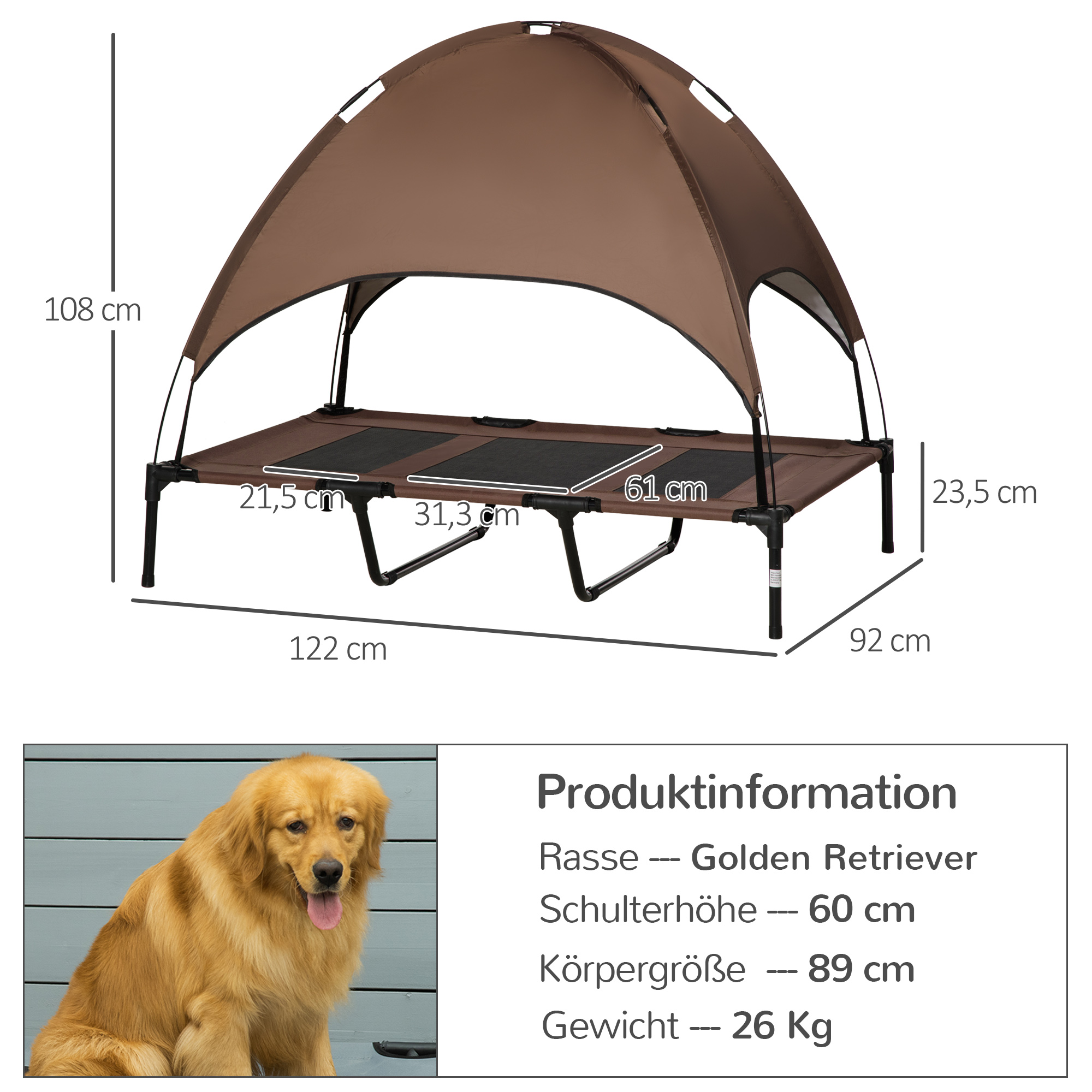 erhöhtes Hundebett mit Baldachin, Haustierbett, Hundeliege outdoor mit Dach, Atmungsaktiv, Taftstoff für Camping Kaffee 122 x 92 x 108 cm