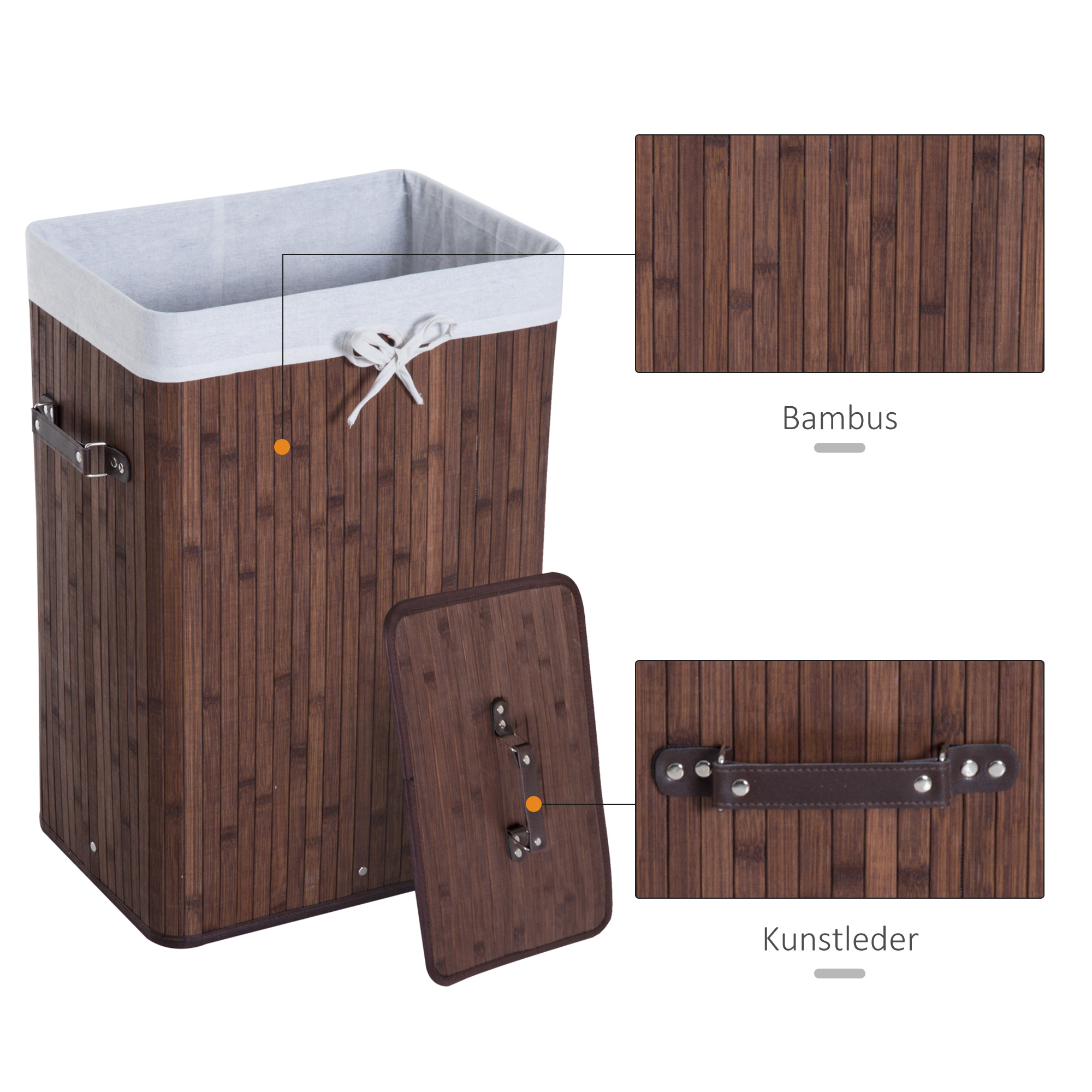 Wäschekorb schmal mit Deckel 72L Wäschesammler mit Griff, herausnehmbarer Wäschesack, Wäschebox für Waschküche Schlafzimmer Badezimmer, Dunkelbraun