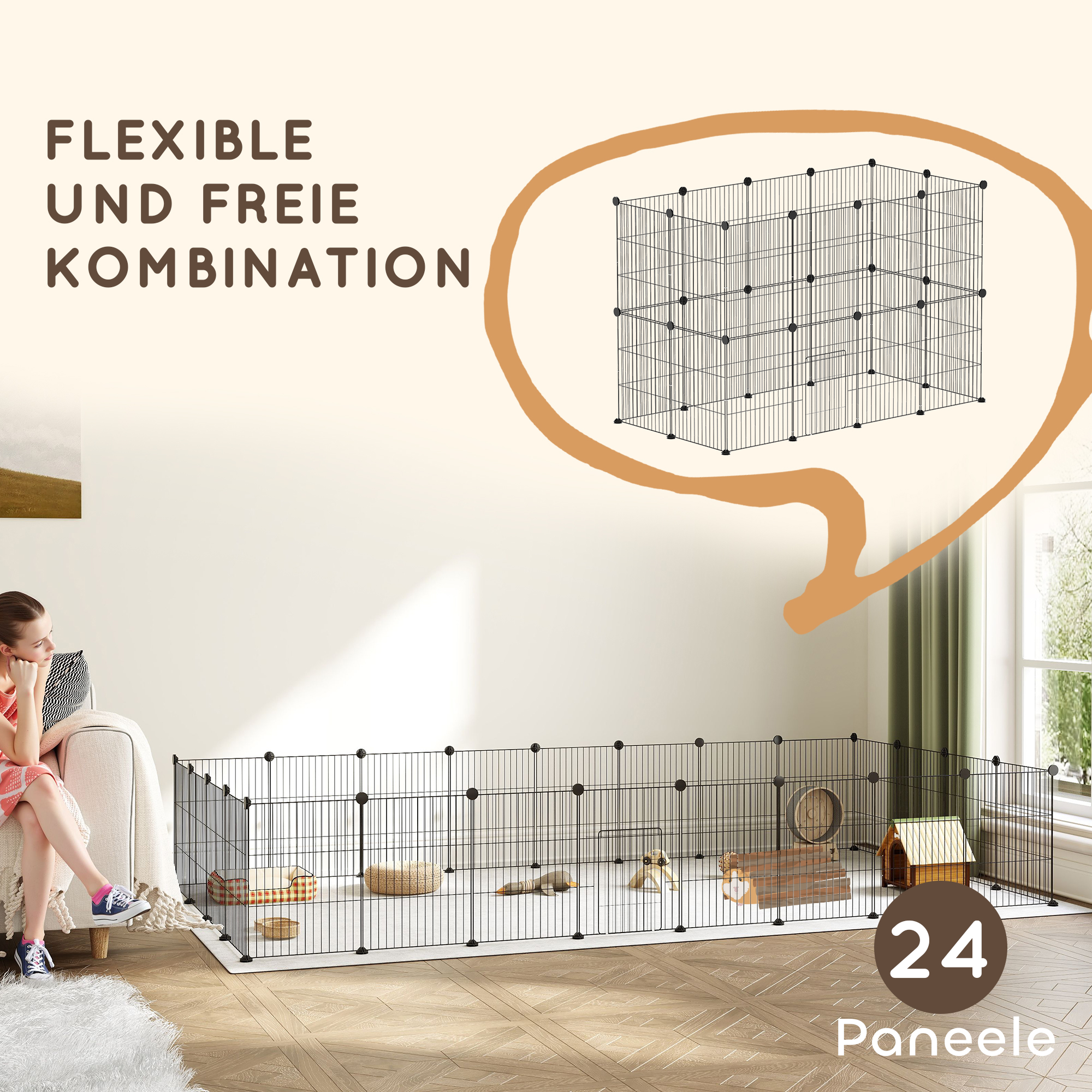 Kleintierkäfig, Außengehege, modulare Bauweise, 0,72 m² Fläche, Stahl, Schwarz