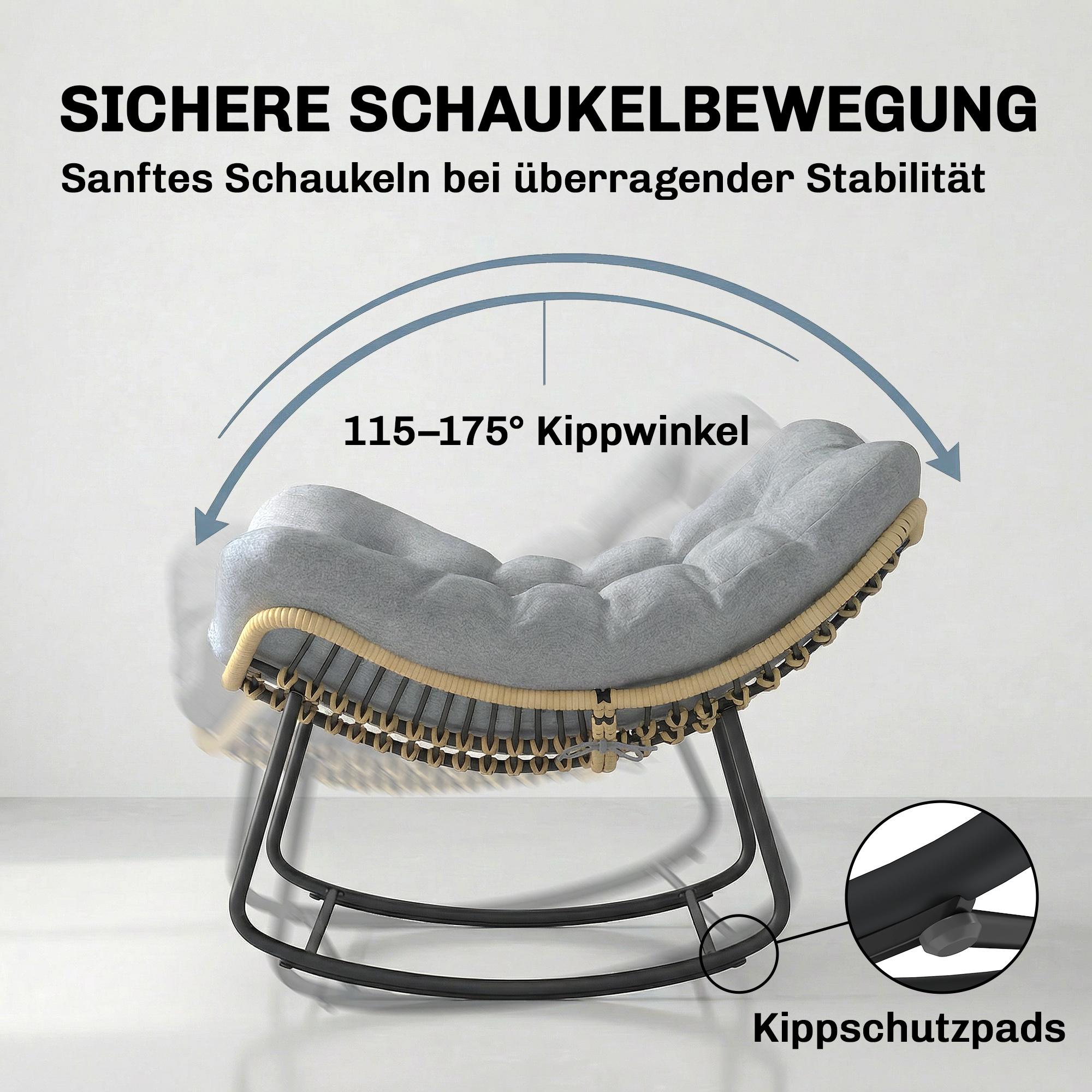 Rattan Schaukelstuhl Gartenliege mit dicke Kissen, Gartenschaukel bis 120 kg Indoor Outdoor 87 x 110 x 70 cm Grau