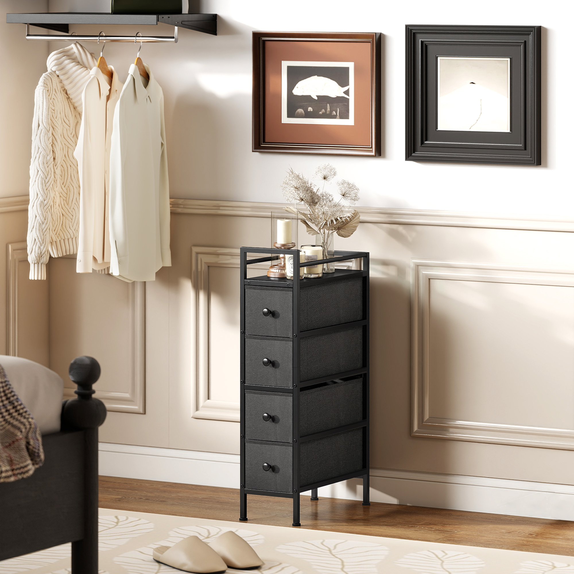 Kommode Schrank mit 4 Schubladen aus Vliesstoff Aufbewahrungsschrank mit Stahlrahmen, 20cm x 43cm x 81,5cm, Schwarz