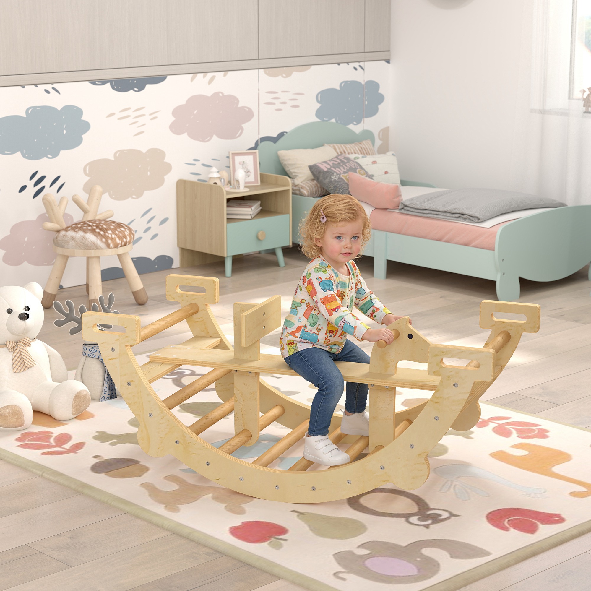 Montessori Klettergerüst Indoor, 2 in 1 Kletterbogen aus Holz, für Kinder 2-4 Jahre, 110x52x45 cm, Naturholz