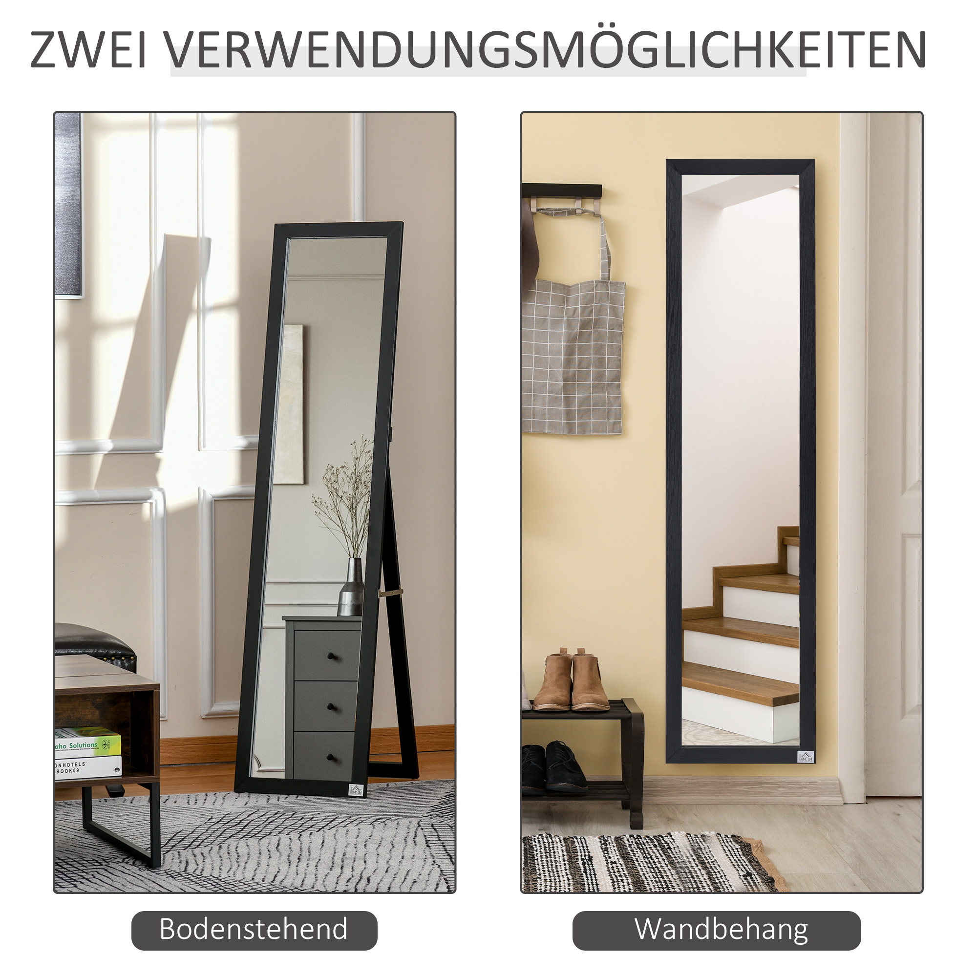 Ganzkörperspiegel, freistehend, Wandmontage, MDF-Rahmen, 37 x 37 x 154 cm, Schwarz