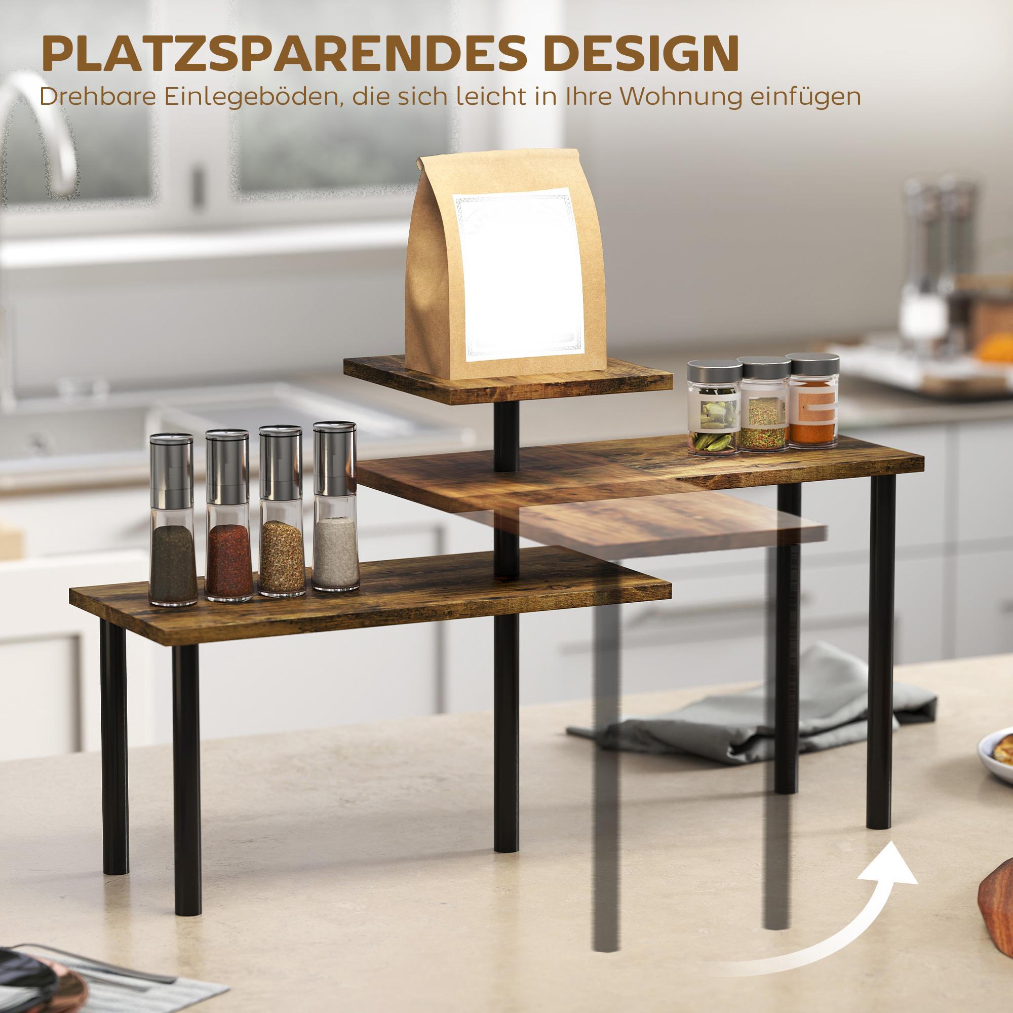 Küchenregal, Drehbar Mikrowellenregal mit 3 Ebenen, Industrielles Standregal Metall, 40 x 18 x 36,5 cm