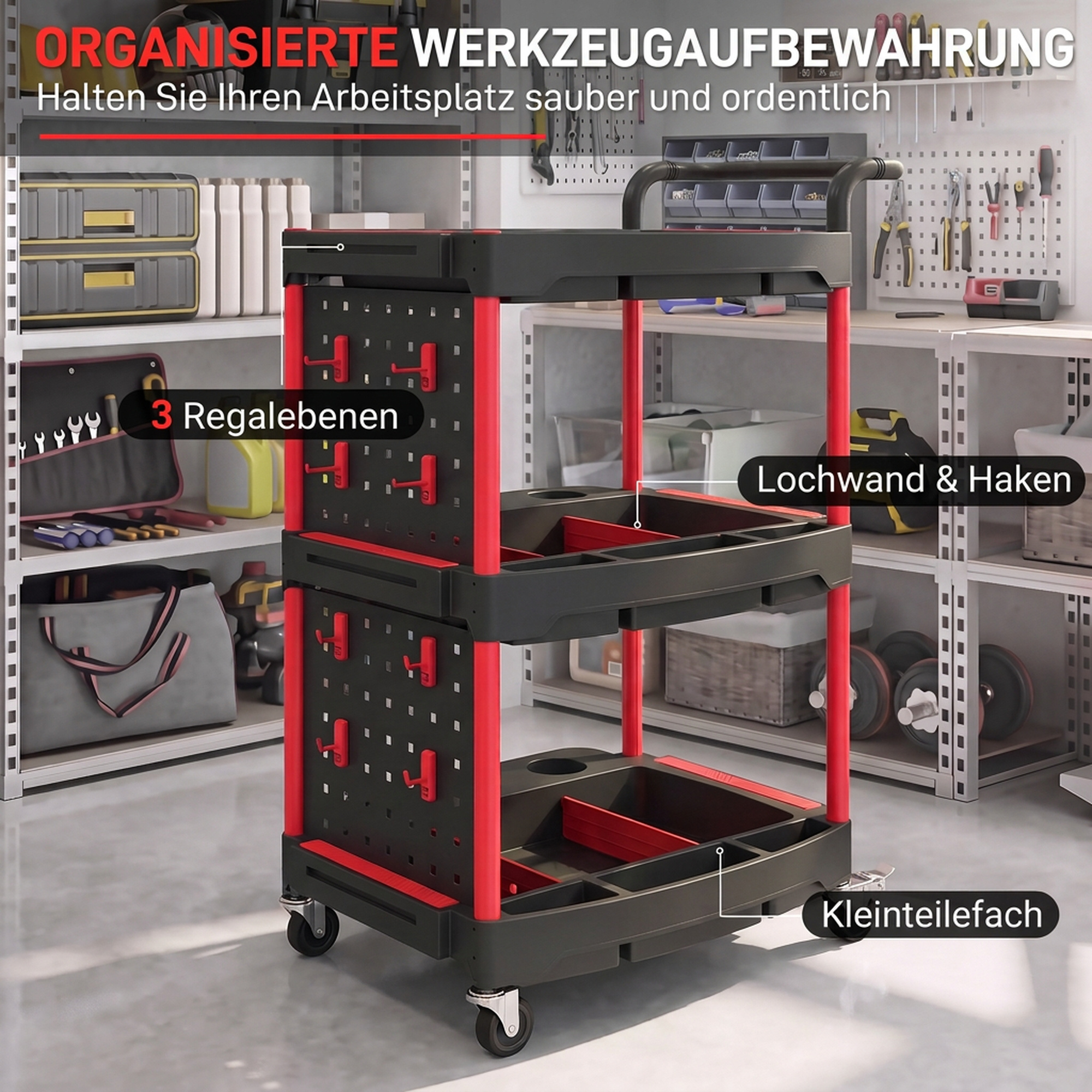 Werkzeugwagen mit 3 Ebenen, Lochwand und Haken, rollbarer Werkstattwagen mit Bremsen, Schwarz/Rot