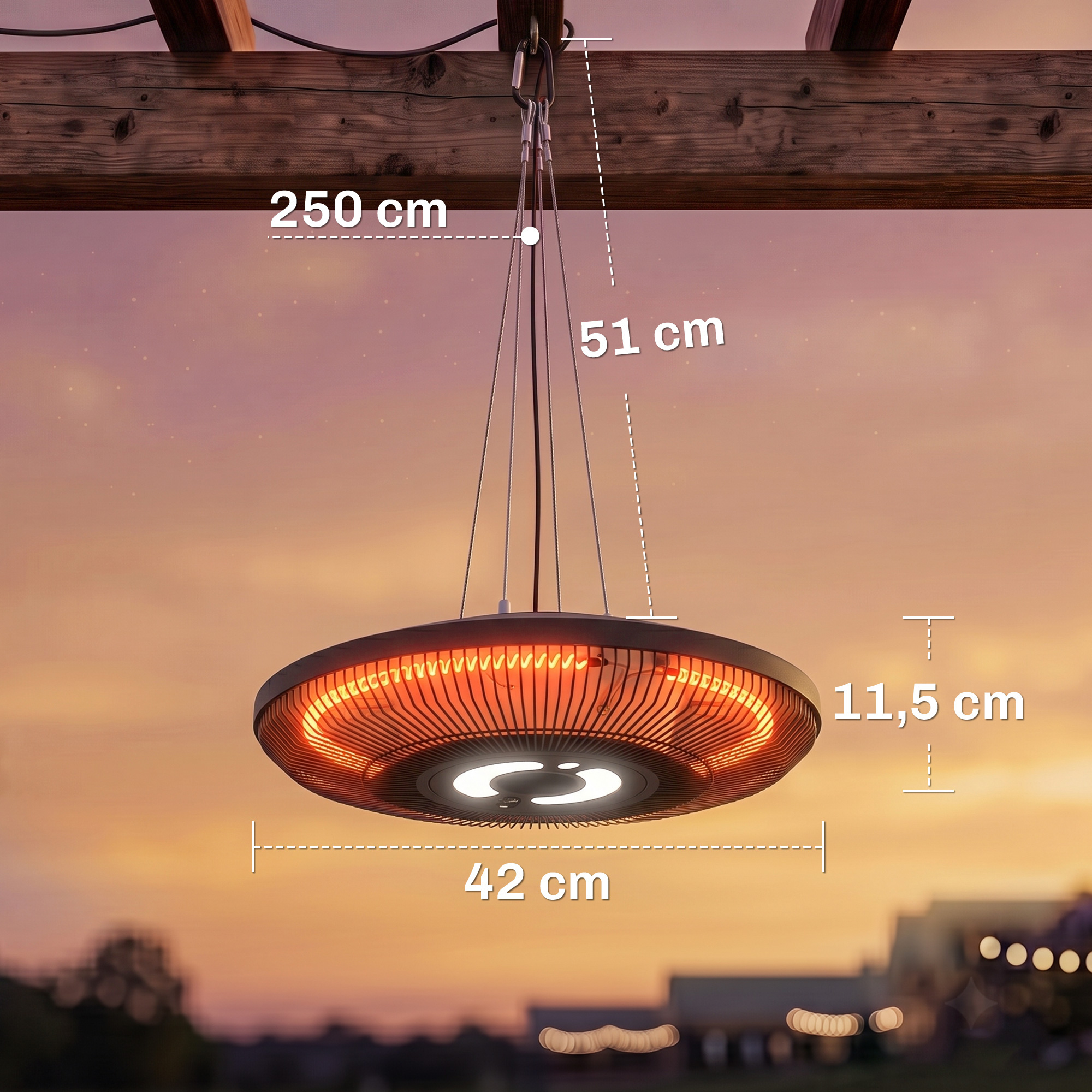 Infrarot Heizstrahler Hängend 2000W Carbonfaser Deckenheizstrahler mit LED-Beleuchtung Touch & Fernbedienung 2 Heizstufe