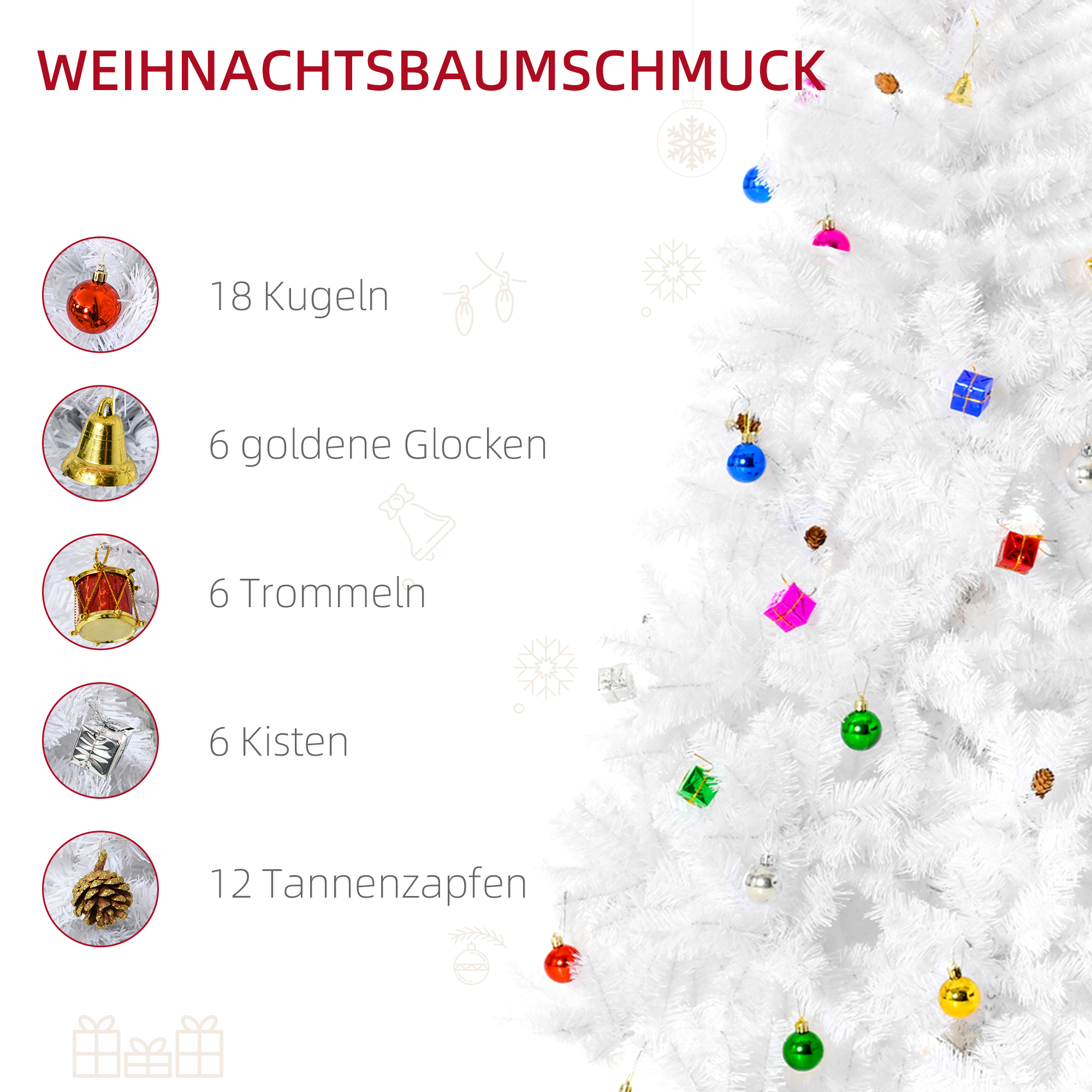 Weihnachtsbaum 180 cm künstlich Tannenbaum mit Kugeln, Glocken, Trommeln, Geschenkboxen, Christbaum mit 930 Spitzen, 12 Tannenzapfen Weihnachtsdeko inkl, Metallständer für drinnen