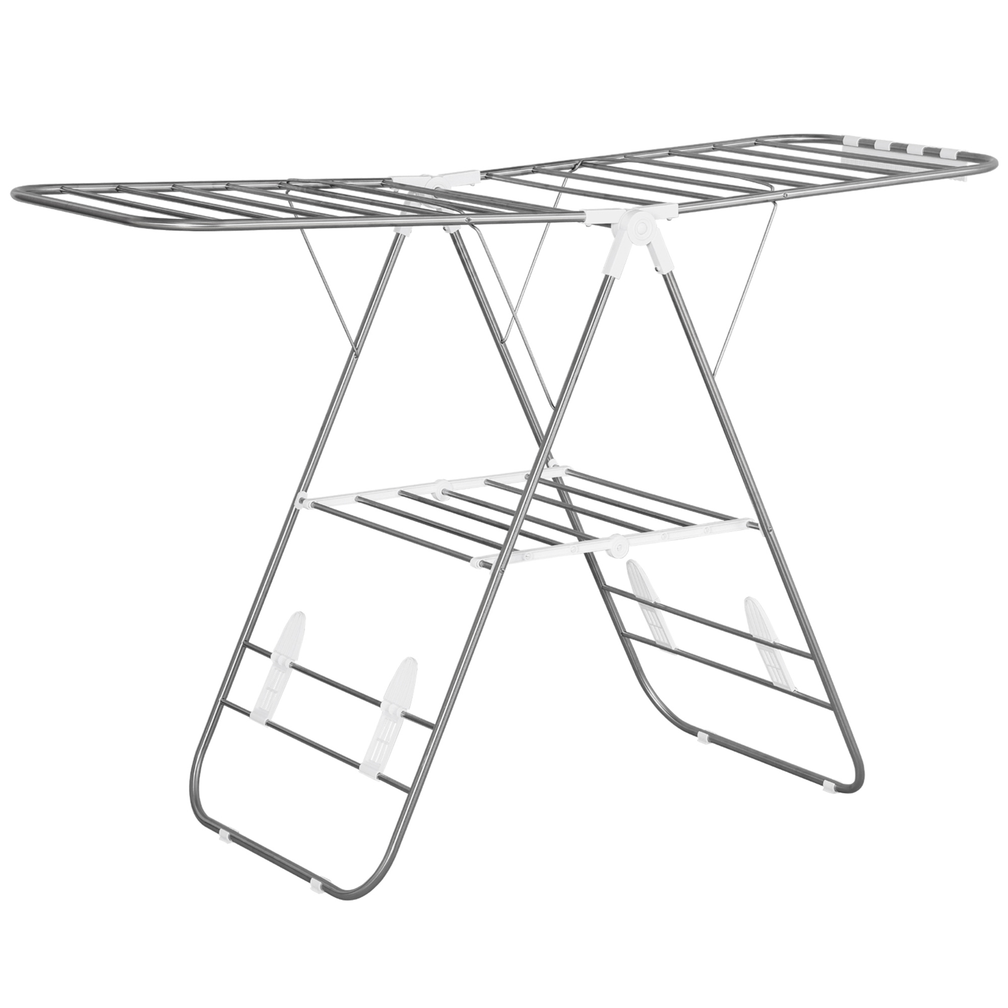Wäscheständer 1,48 m Trockenlänge tragbar Standtrockner mit Teleskopstangen, Flügelwäscheständer Wäschetrockner für Innen und Außen, Silber+Weiß