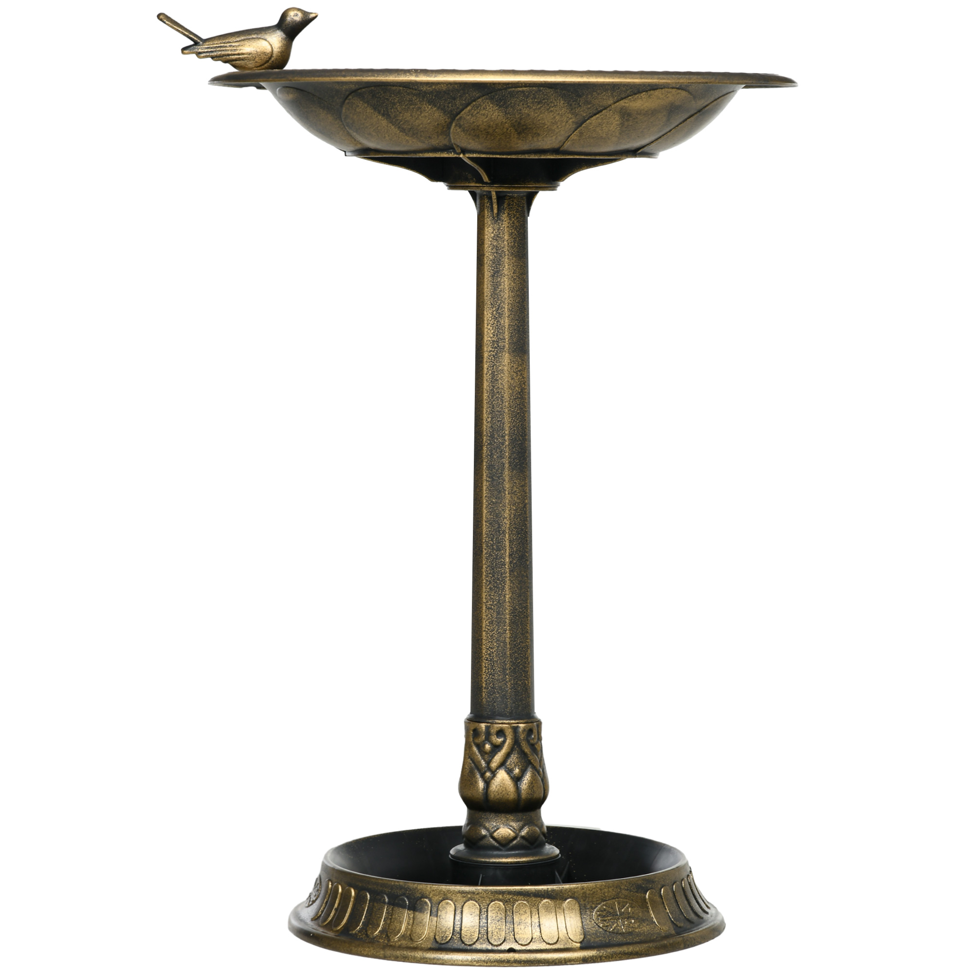 Vogeltränke, Vogelbad mit Statue, Blumenmuster, 2 Becken, Kunststoff, antiker Look, 50B x 72H cm, Bronzefarben