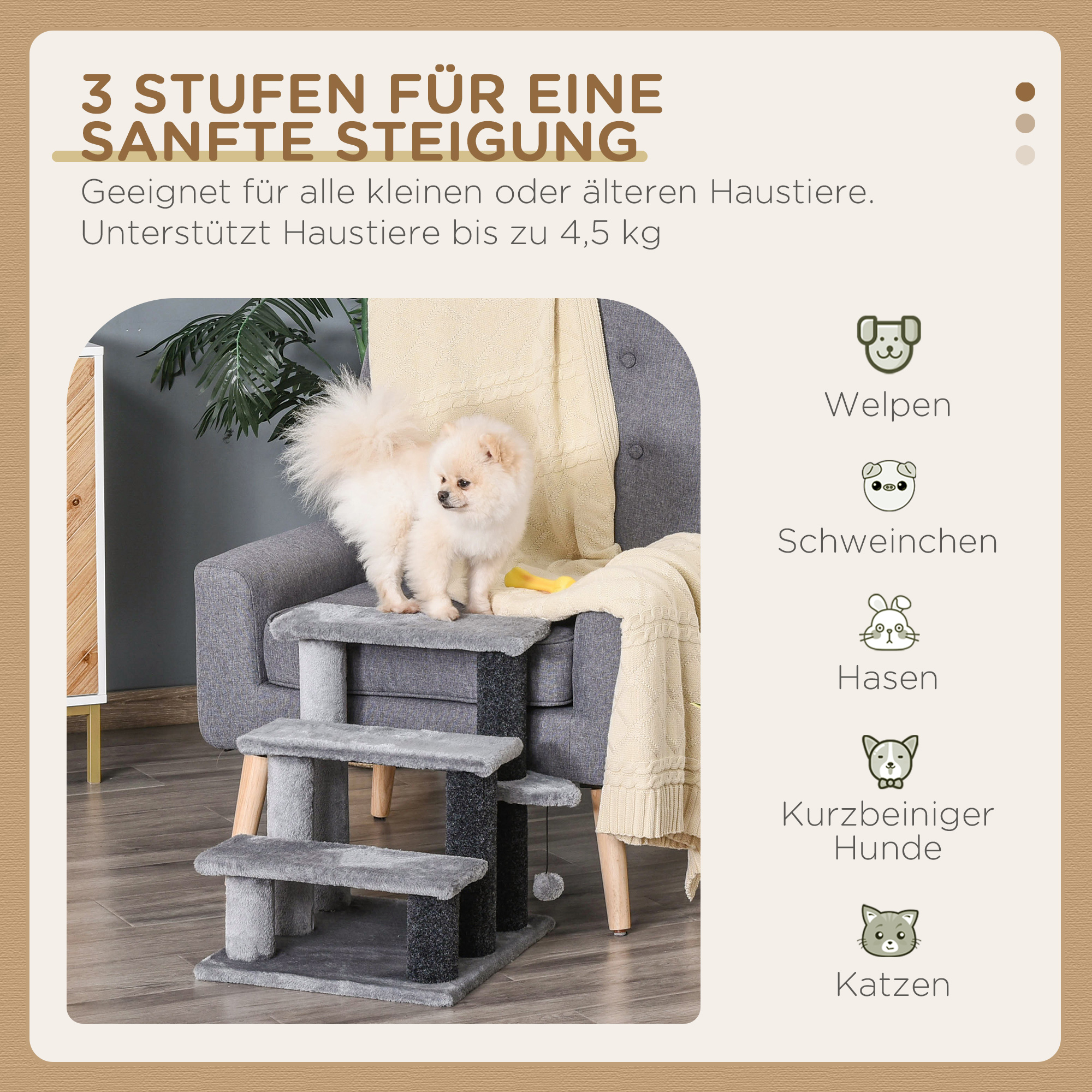 Katzentreppe 3-stufige Haustiertreppe mit Kratzsäulen Ball Hundetreppe Tiertreppe für Katzen bis 5 kg Plüsch Jute Grau 45 x 40 x 48 cm