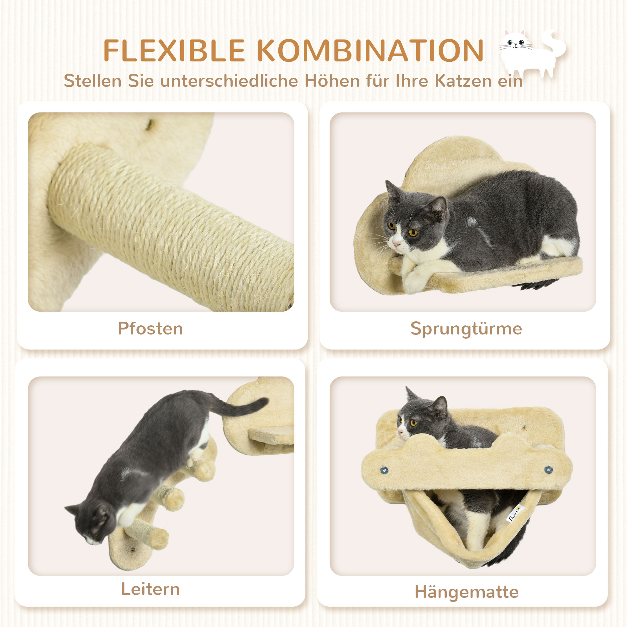 Katzentreppe, 4-teiliges Set, 3-stufige Sprossenleiter, 2 Plattformen, Hängematte, Plüschbezug, beige