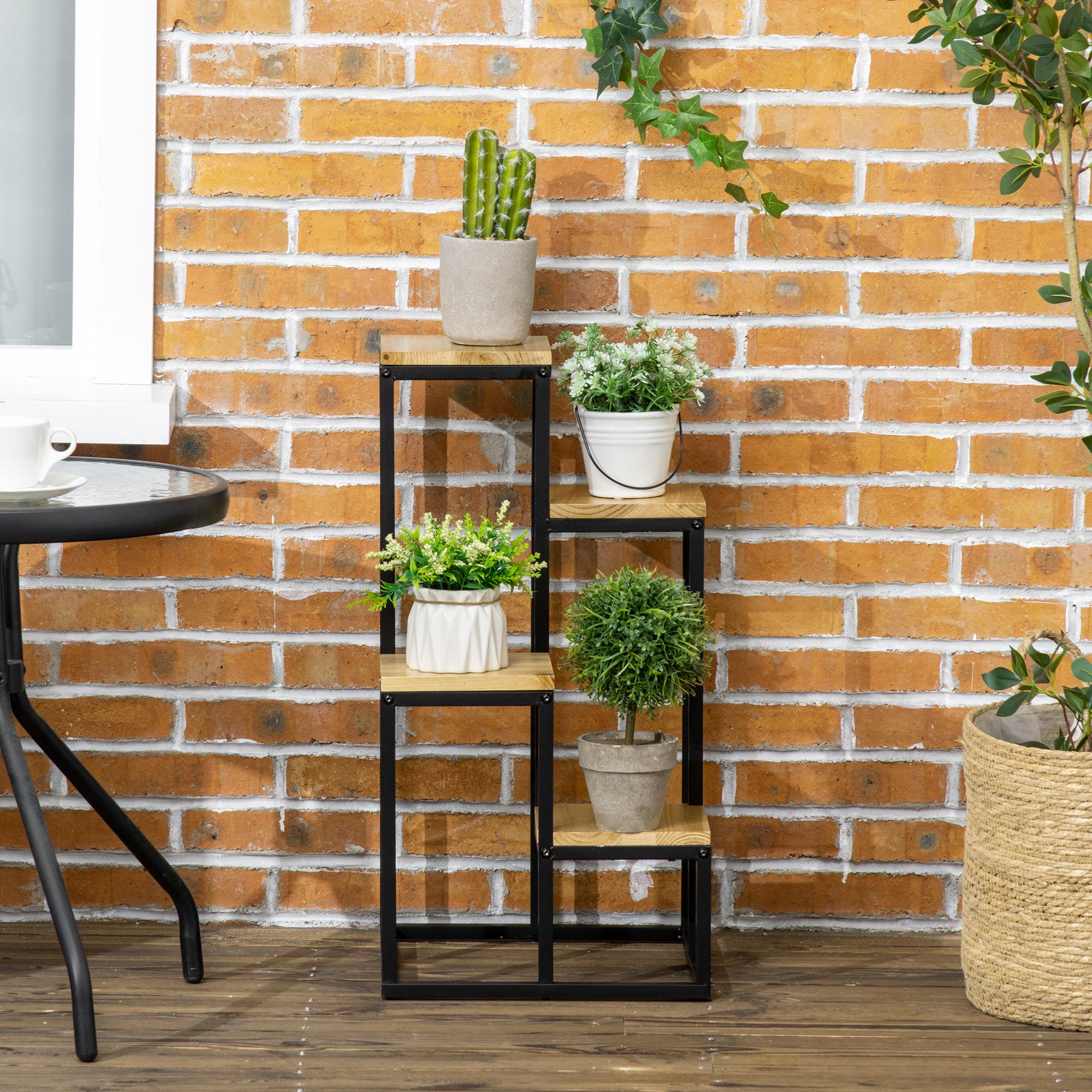 Pflanzenständer im Industrie Design mit 4 Regalen, Blumentreppe, 34 cm x 34 cm x 66 cm, Natur + Schwarz