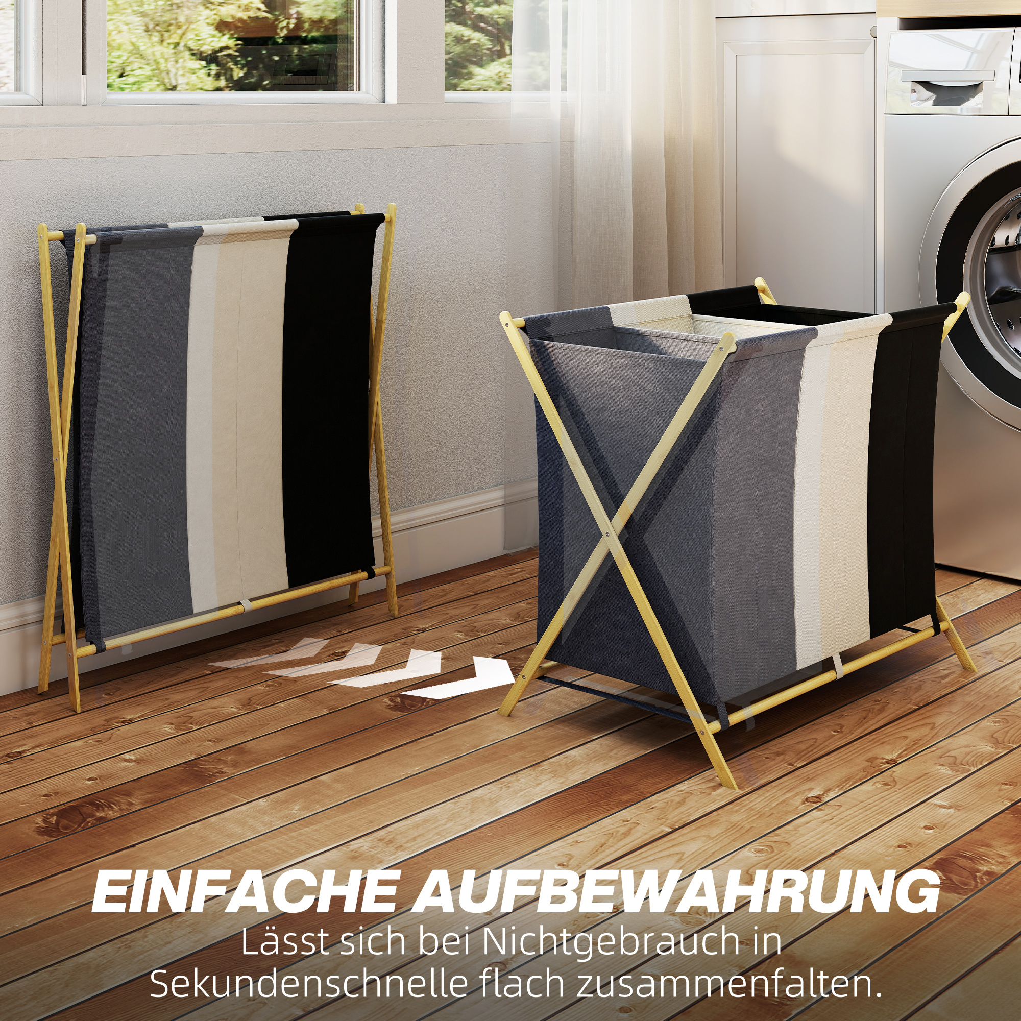 Wäschekorb mit 3 Fächern 129L Klappbar Wäschesammler für Waschküche Schlafzimmer Mehrfarbig