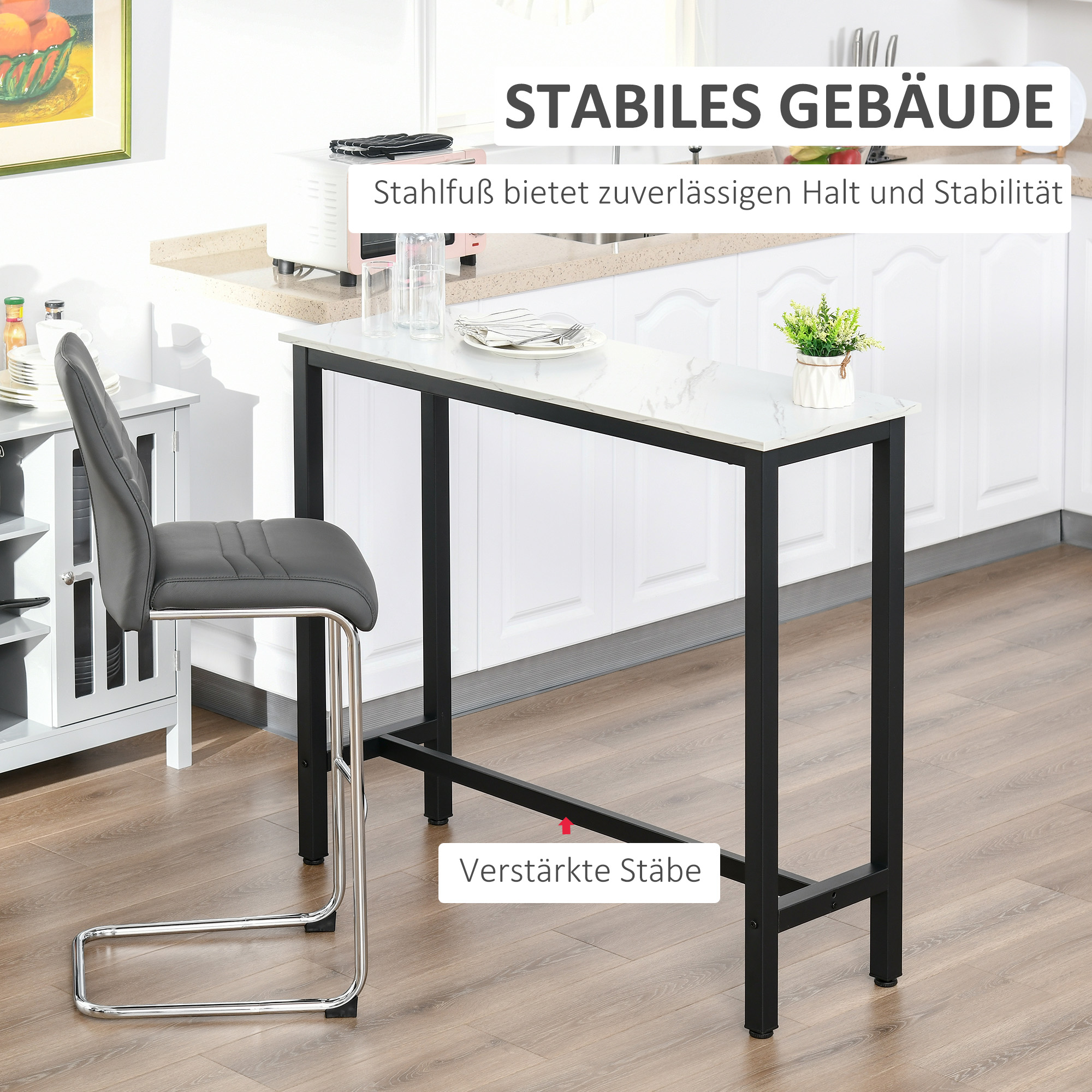 Bartisch in Marmoroptik, Stahlrahmen, Nivellierfüße, 120x40x100 cm, Weiß/Schwarz