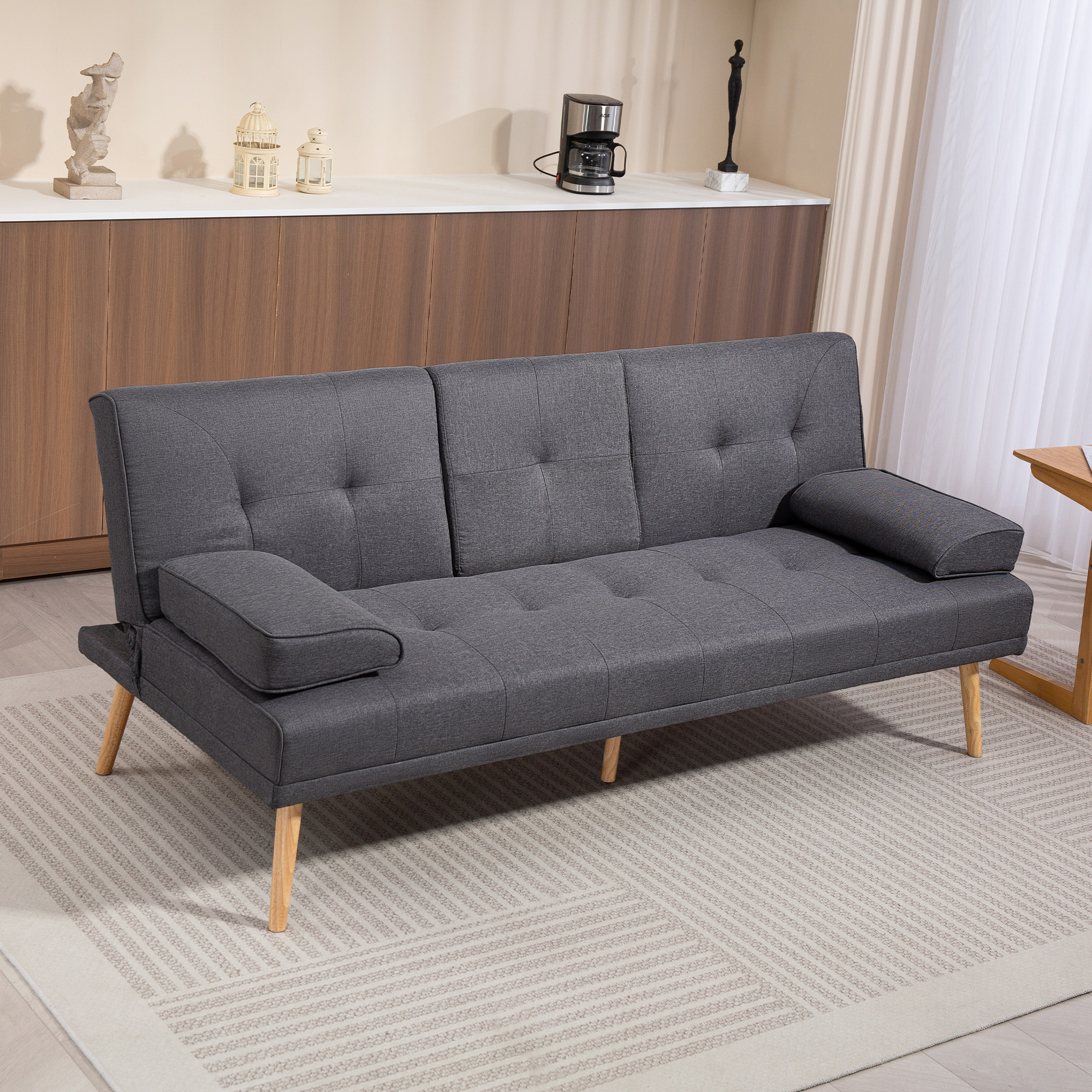 Schlafsofa im Skandi-Design, 3-Sitzer-Sofa, 2 Kissen, Grau + Natur
