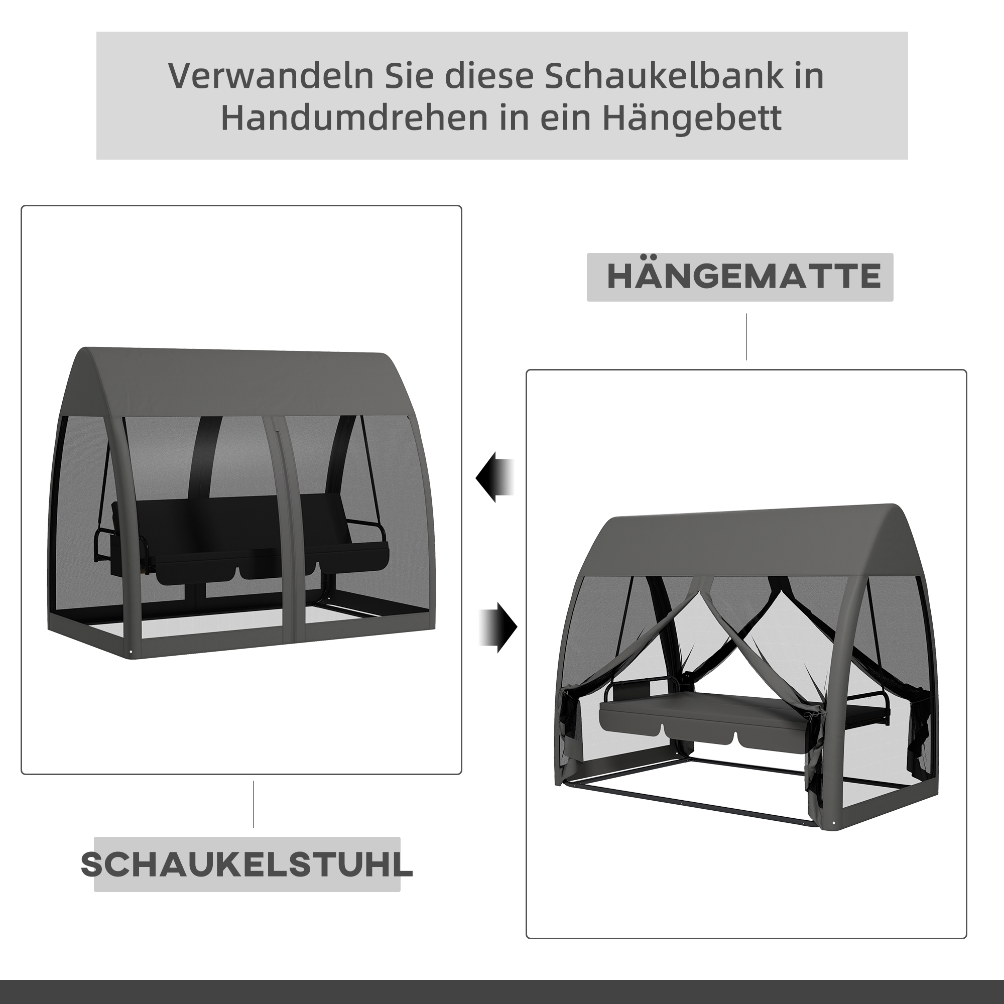 3-Sitzer-Terrassen-Schaukel, Veranda-Schaukel mit Bettfunktion, Hollywoodschaukel mit Mückennetz und Stahlrahmen, Grau