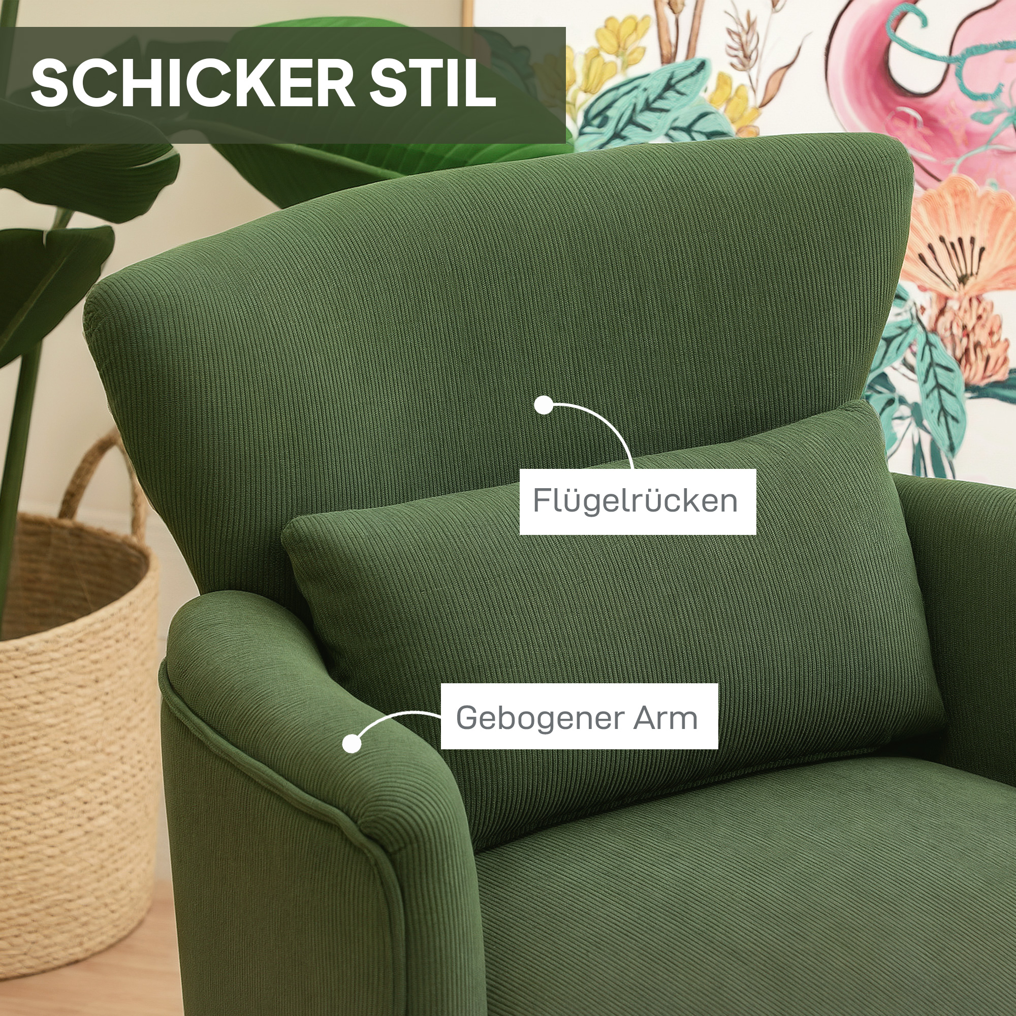 Moderner Armlehnstuhl, Gepolsterter Akzentstuhl mit Lendenkissen, Grün