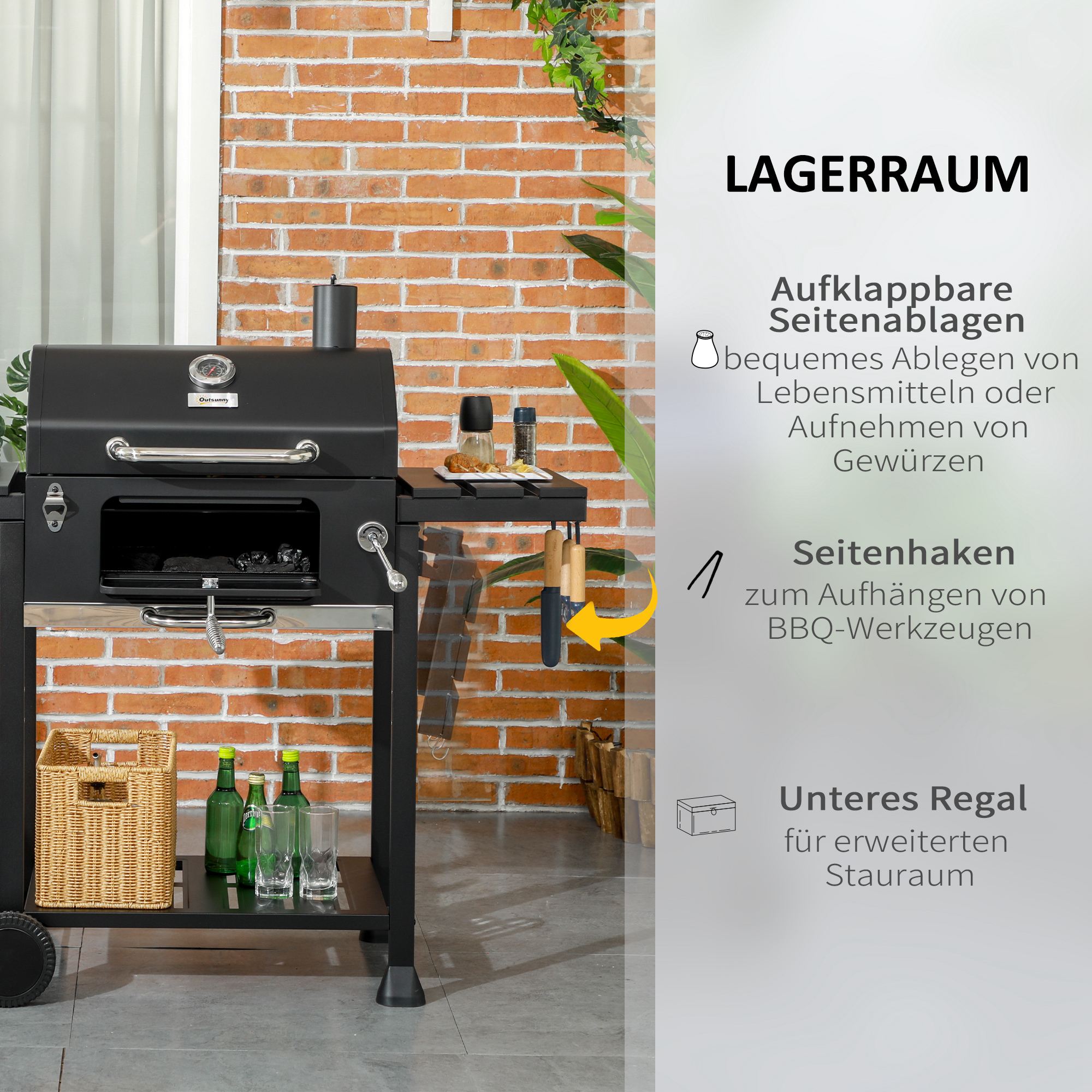Kohlegrill BBQ-Grill Smoker, inkl. Thermometer, Flaschenöffner, 120 x 64 x 114 cm, Schwarz