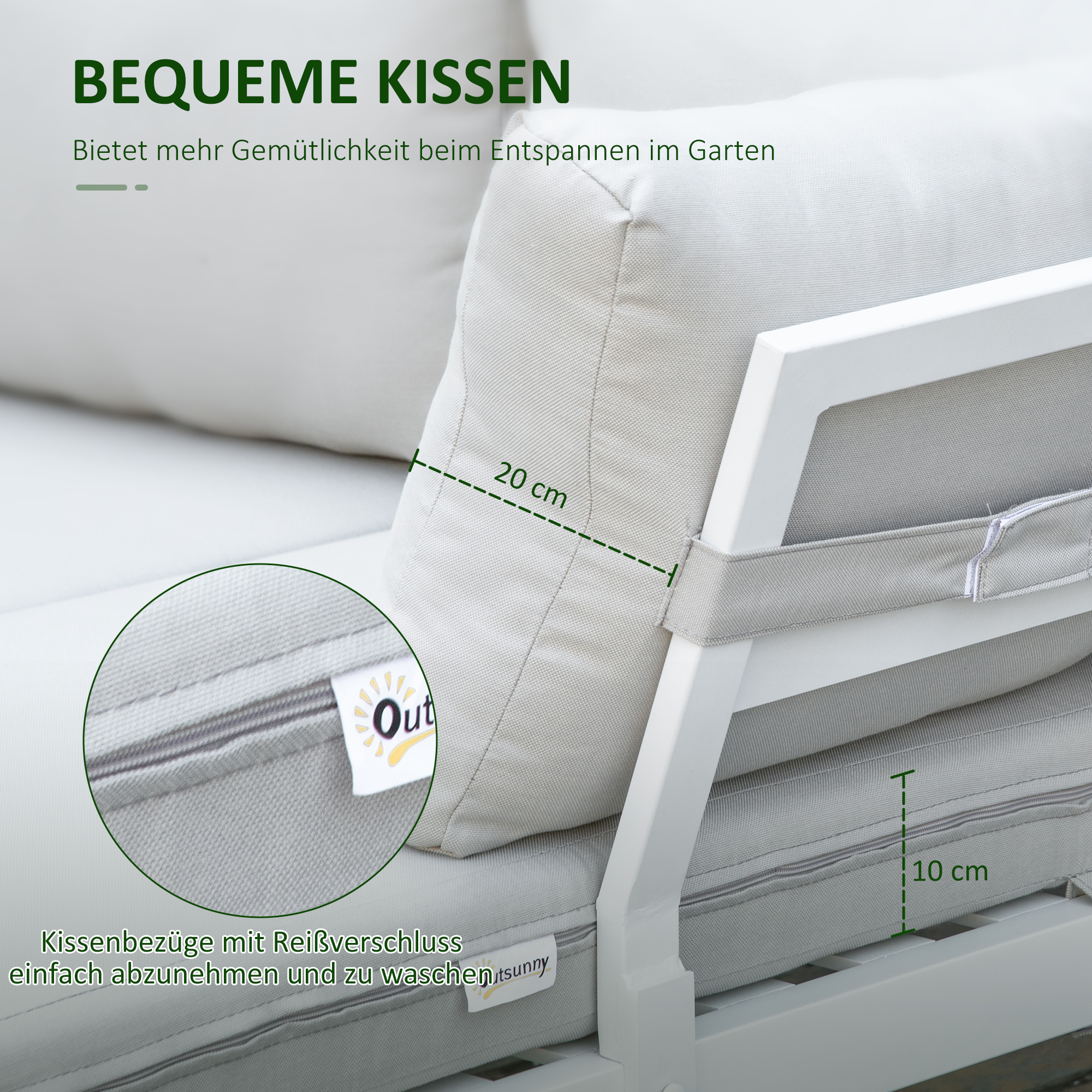 Gartenmöbel-Set für 3 Personen mit Beistelltisch Sofa mit Kissen L-Form Outdoor Aluminium Cremeweiß