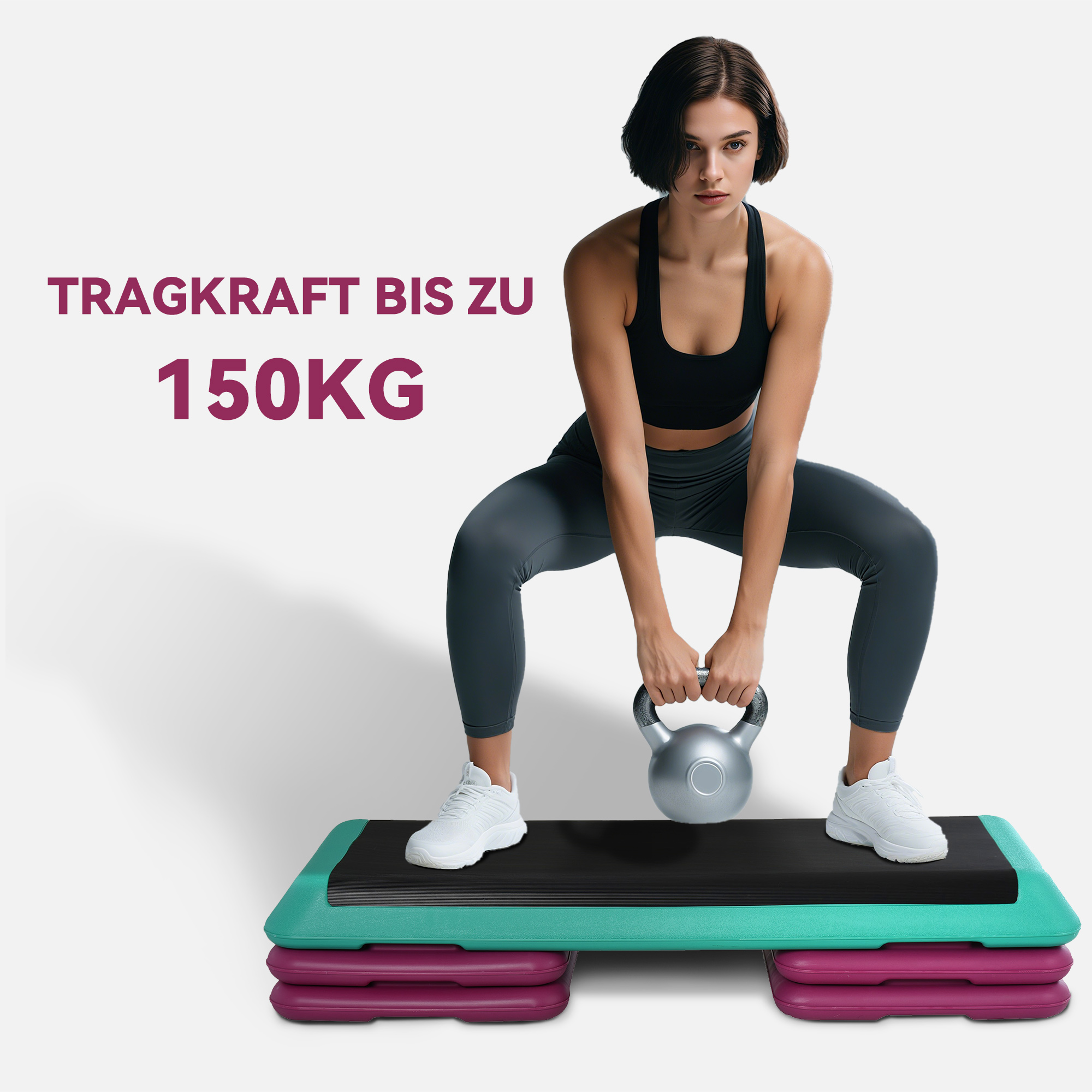 Steppbrett höhenverstellbar Fitness Stepper 3 Stufen (10/15/20 cm) Rutschfest Stepbench für Zuhause Fitnessstudio Büro Kunststoff Schwarz+Grün+Violett
