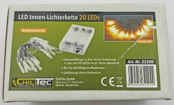 LED Batterie-Lichterkette "CT-BK20" 2m, warmweiß, transp. Kabel, 20 LEDs